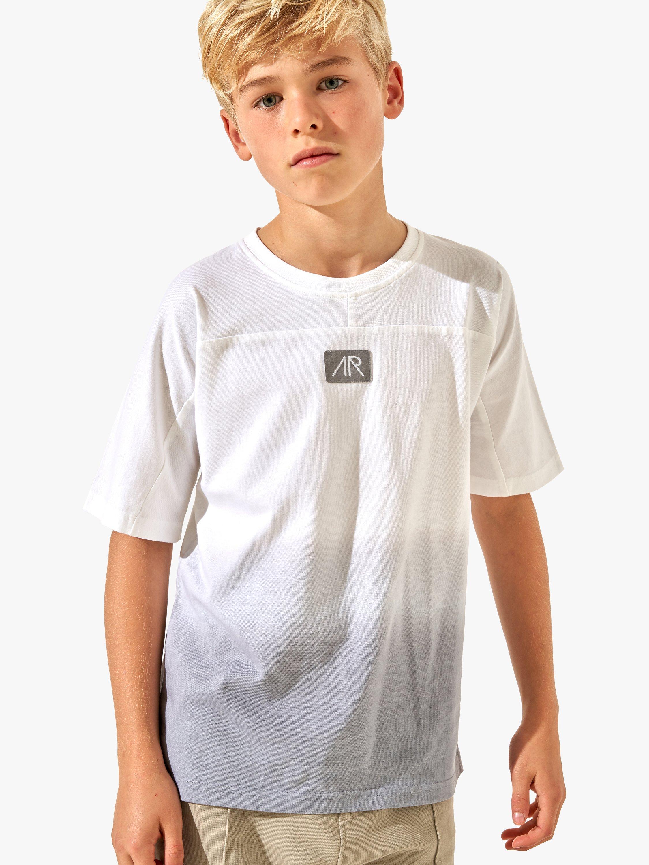 Product image 1 of 4, which shows Angel & Rocket Kids' Brad Logo Ombre Tie Dye T-Shirt, Grey, 3-4 years
