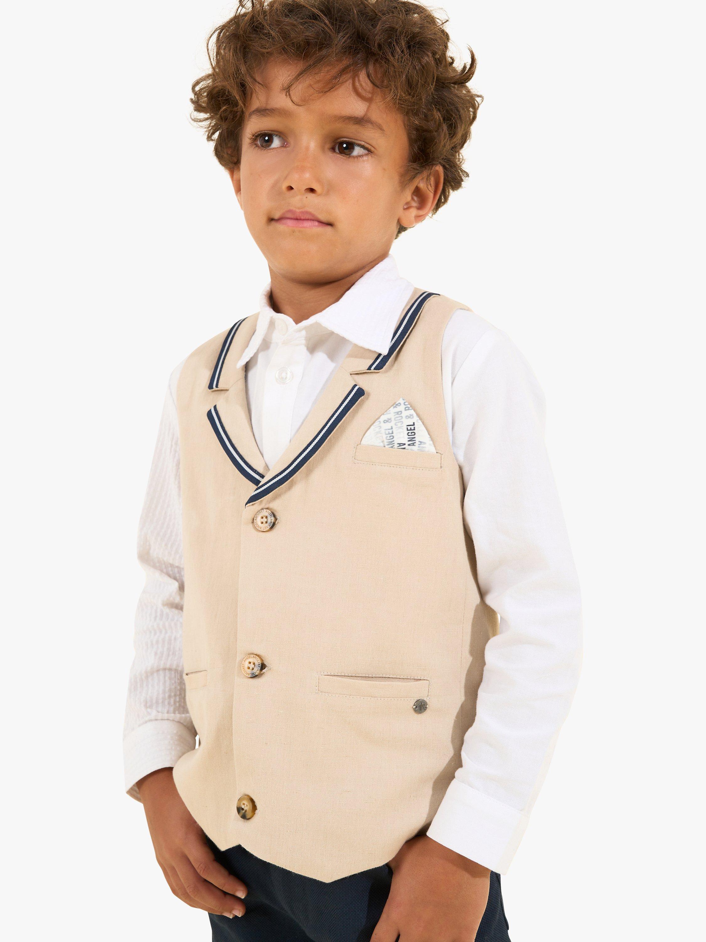Product image 1 of 5, which shows Angel & Rocket Kids' Felix Linen Blend Waistcoat, Stone, 12 years