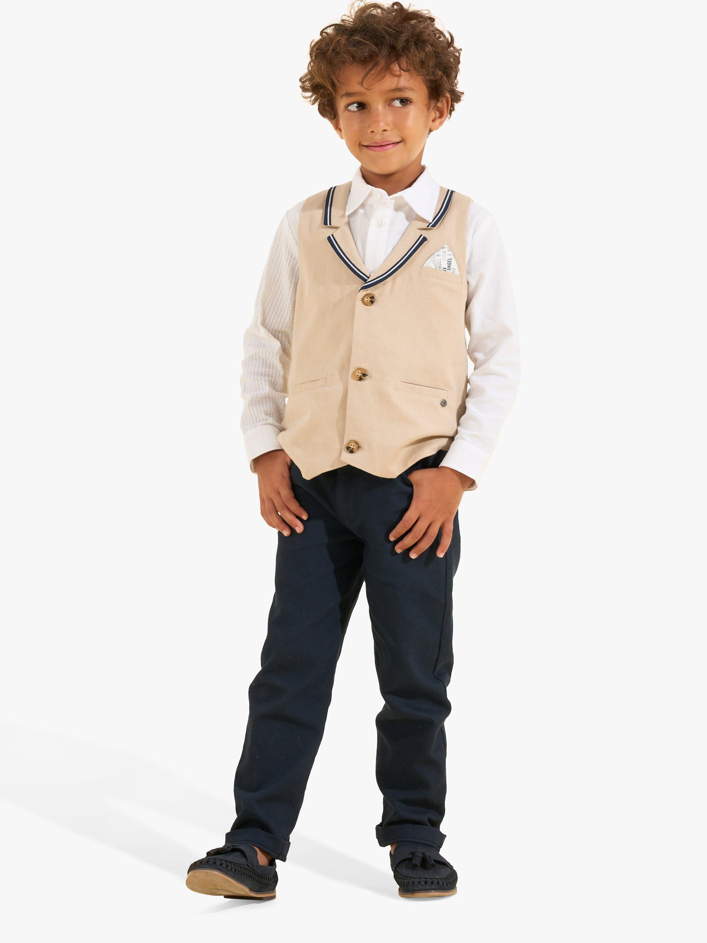 Product image 2 of 5, which shows Angel & Rocket Kids' Felix Linen Blend Waistcoat, Stone, 12 years