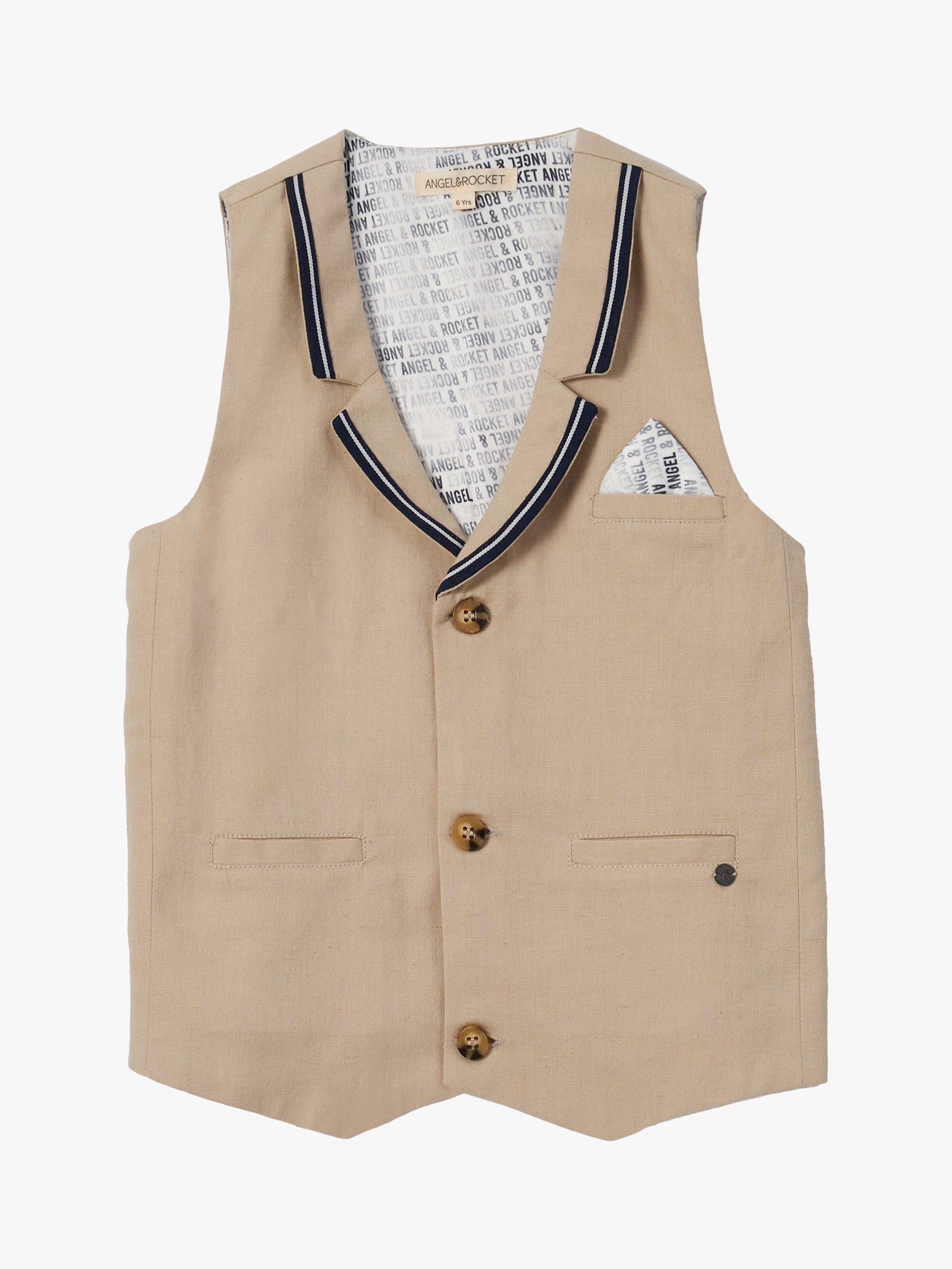 Product image 3 of 5, which shows Angel & Rocket Kids' Felix Linen Blend Waistcoat, Stone, 12 years