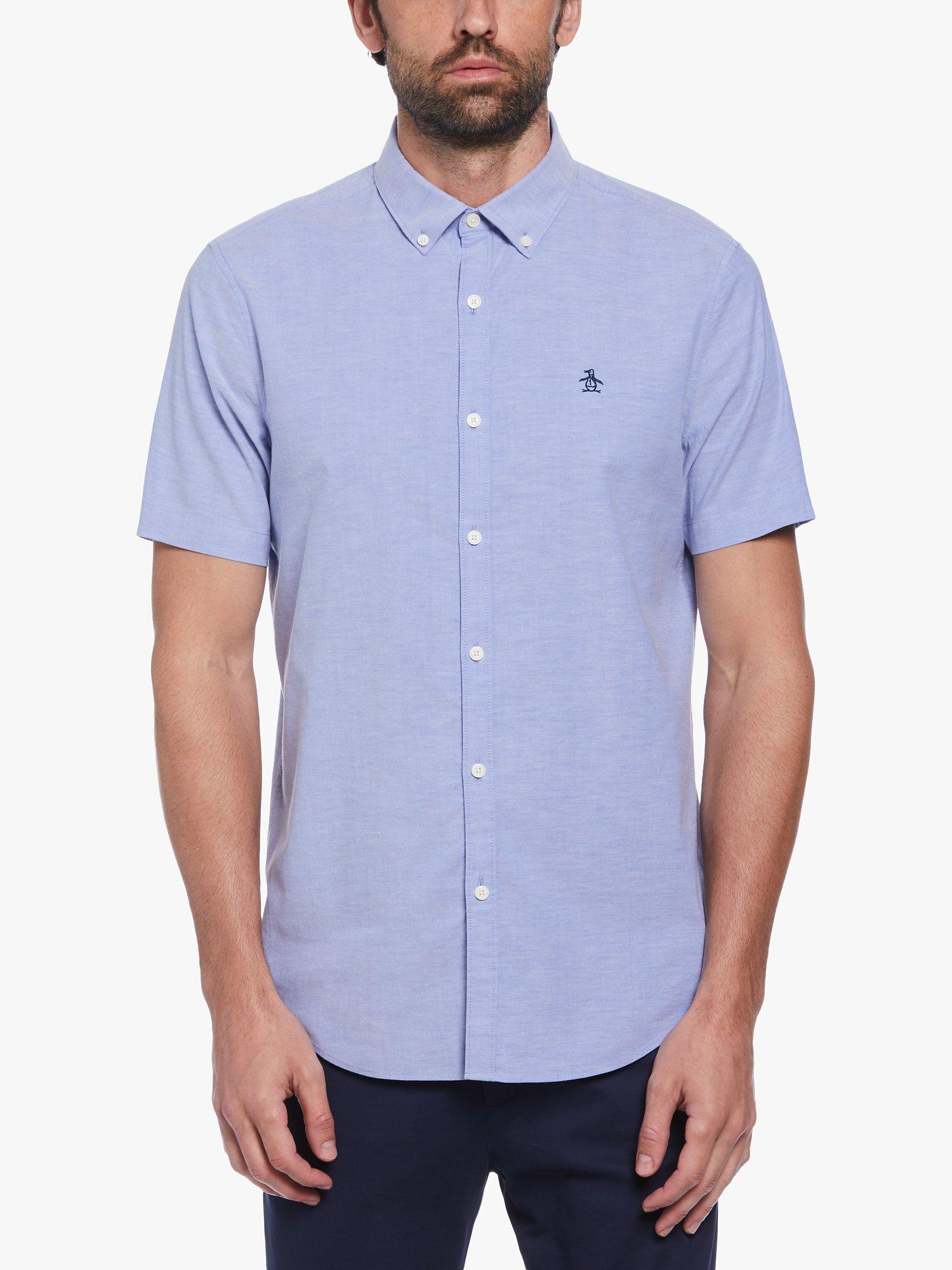 Product image 1 of 4, which shows Original Penguin Organic Cotton Blend Short Sleeve Stretch Oxford Shirt, Amparo Blue, L