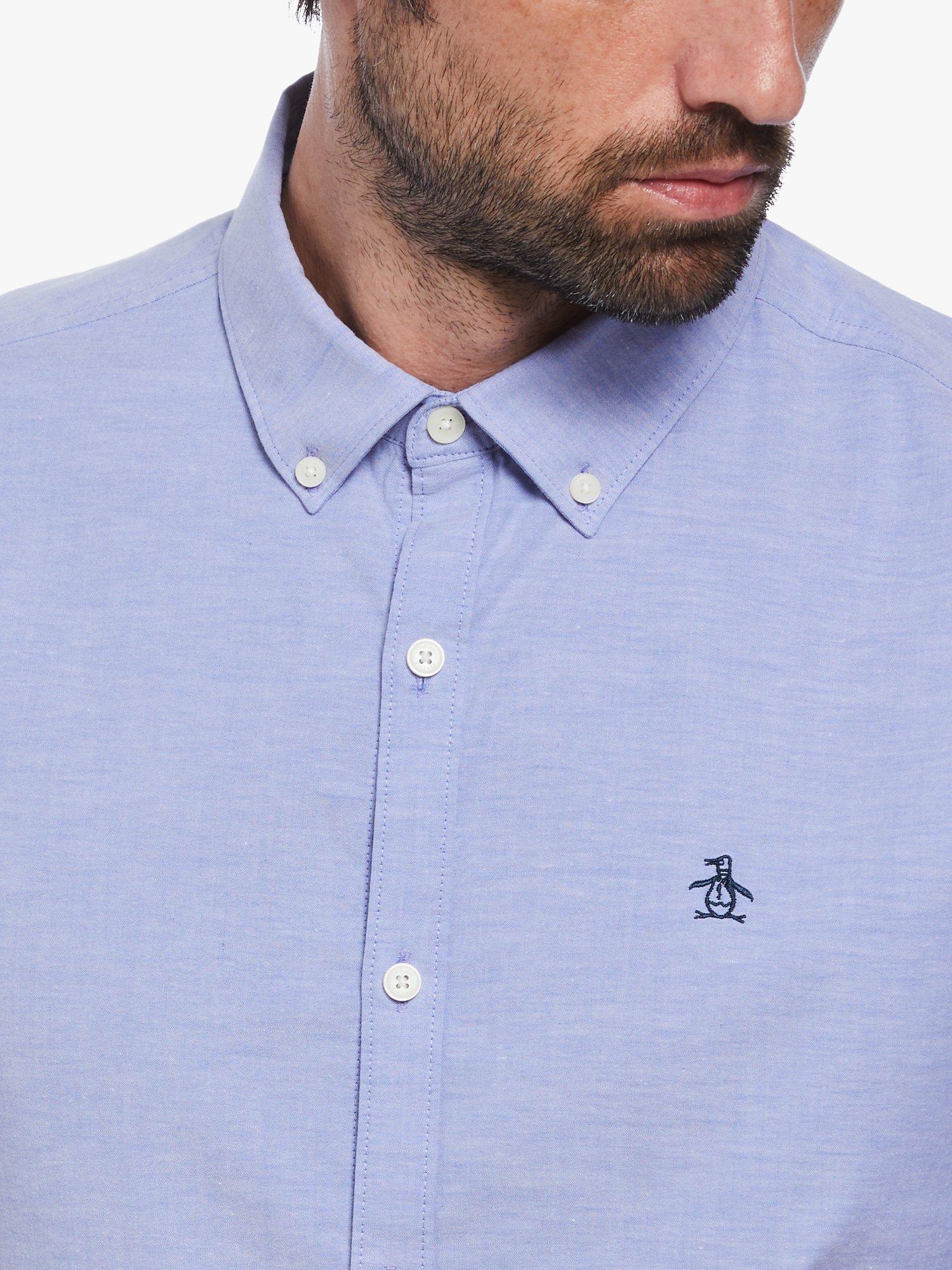 Product image 3 of 4, which shows Original Penguin Organic Cotton Blend Short Sleeve Stretch Oxford Shirt, Amparo Blue, L