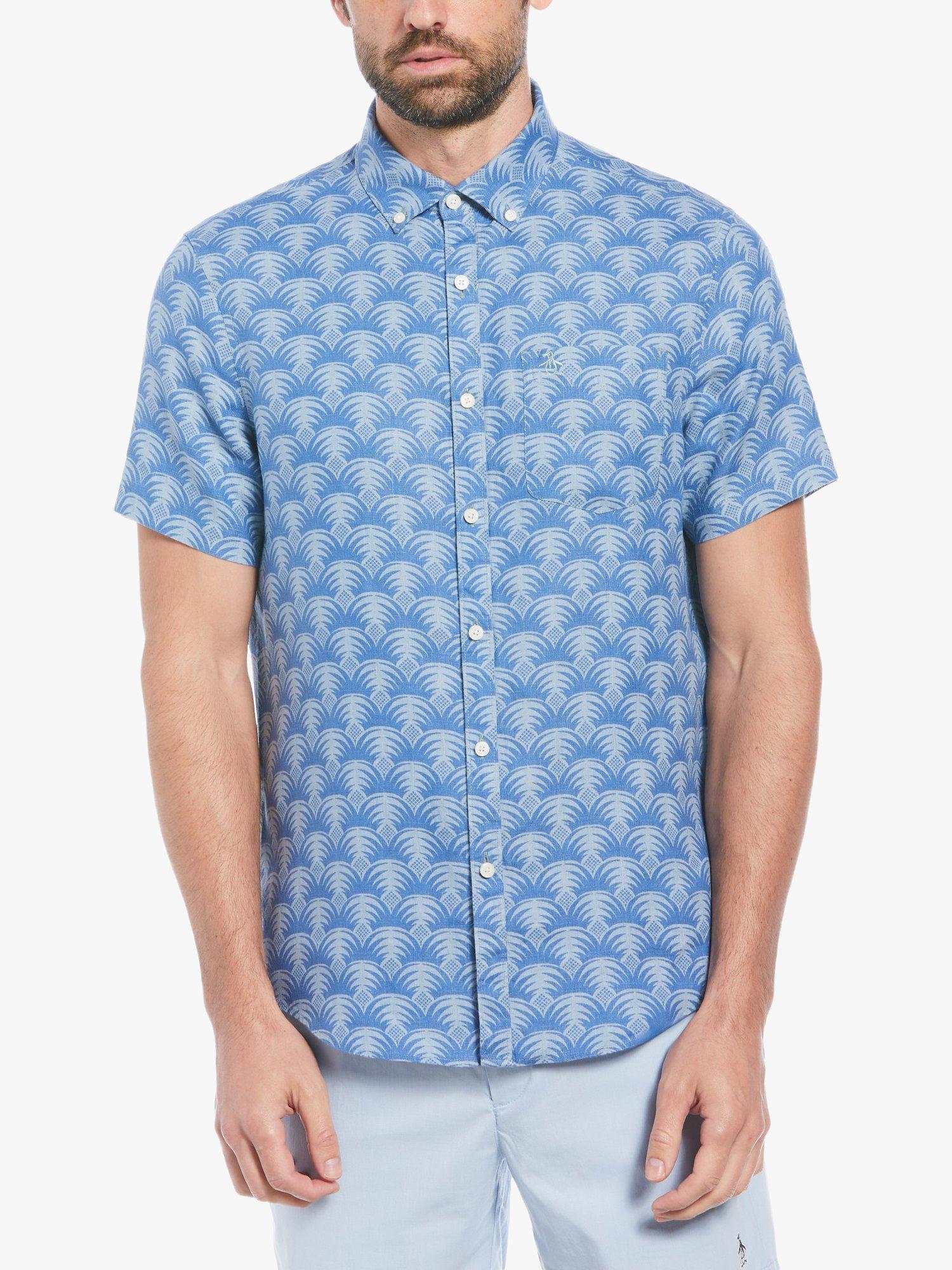 Original Penguin Short Sleeve Linen Shirt, Blue/White, L