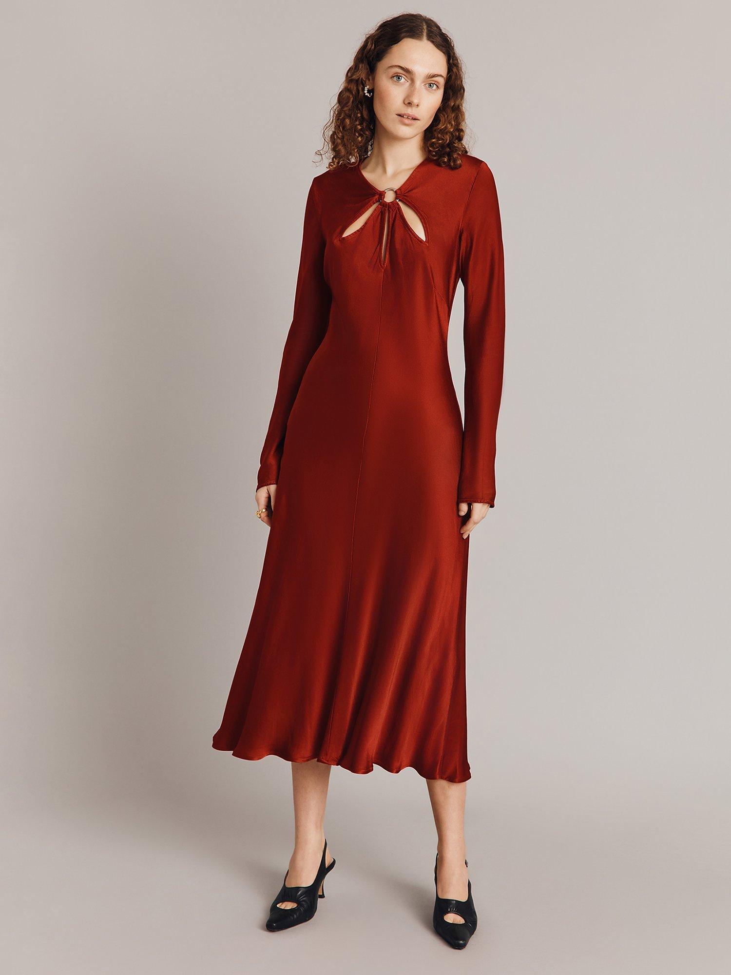 Product image 4 of 4, which shows Ghost Freya Cut-Out Detail Satin Midi Dress, Red, XS