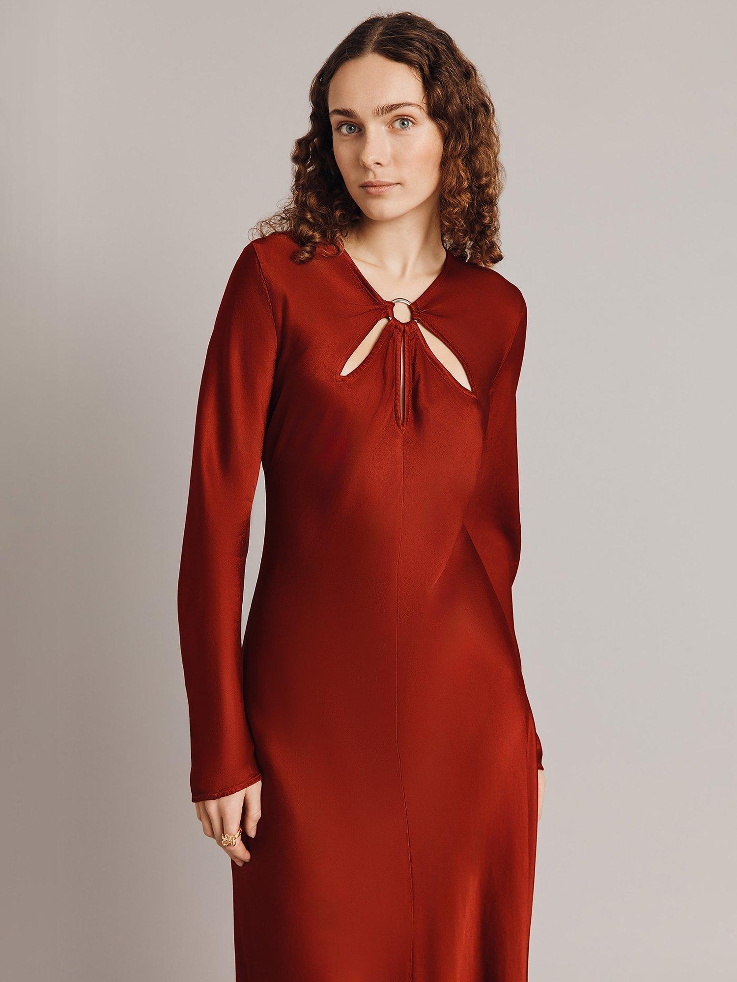 Product image 3 of 4, which shows Ghost Freya Cut-Out Detail Satin Midi Dress, Red, XS