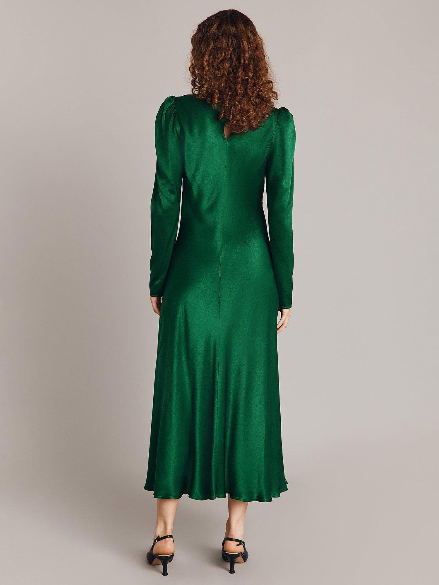 Ghost Harper Puff Sleeve Satin Midi Dress Green