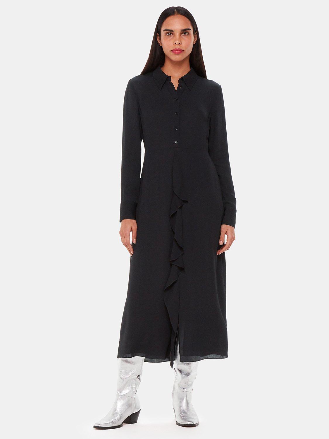 Product image 1 of 5, which shows Whistles Lea Ruffle Front Midi Shirt Dress, Black, 12