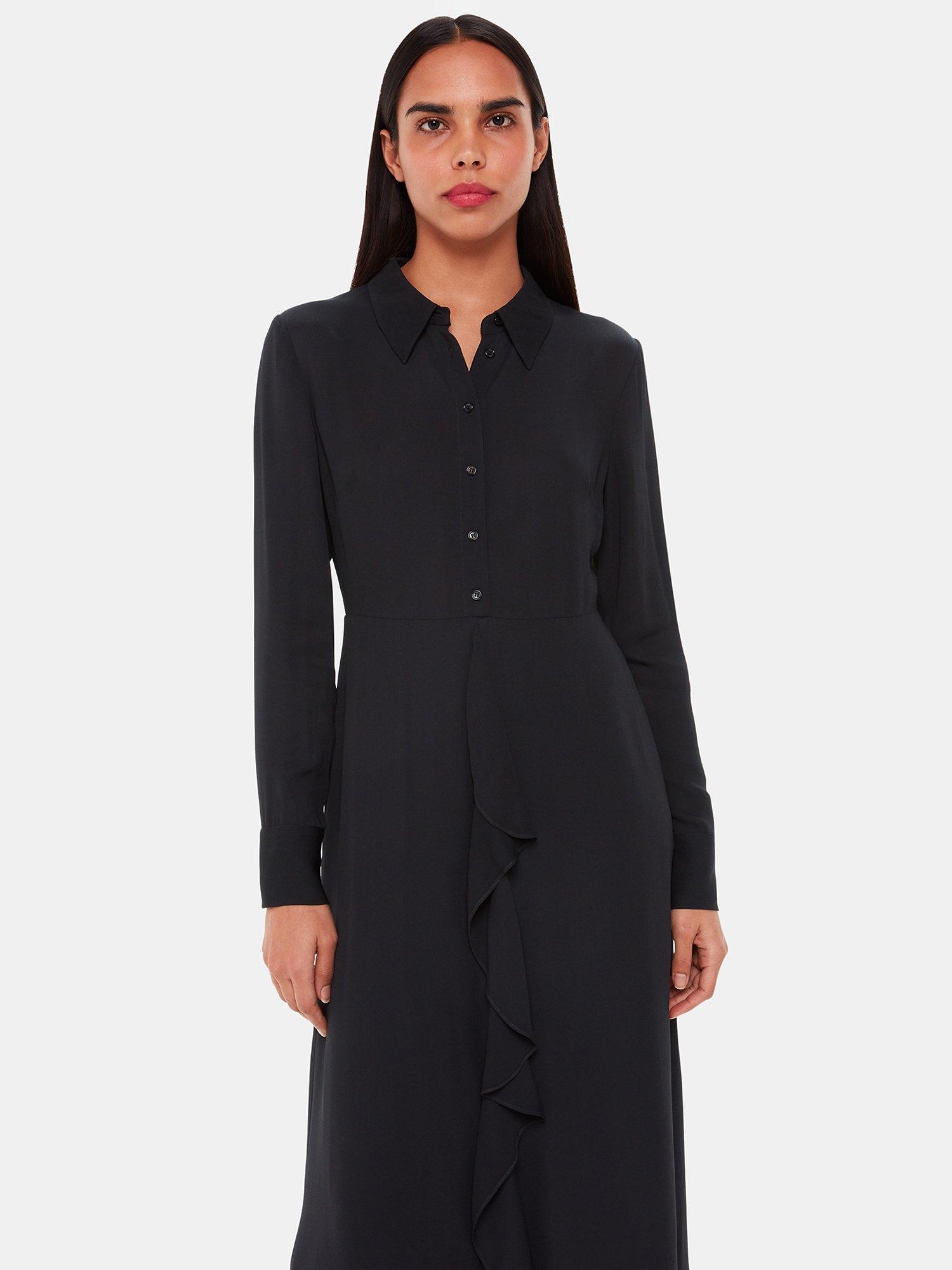 Product image 3 of 5, which shows Whistles Lea Ruffle Front Midi Shirt Dress, Black, 12