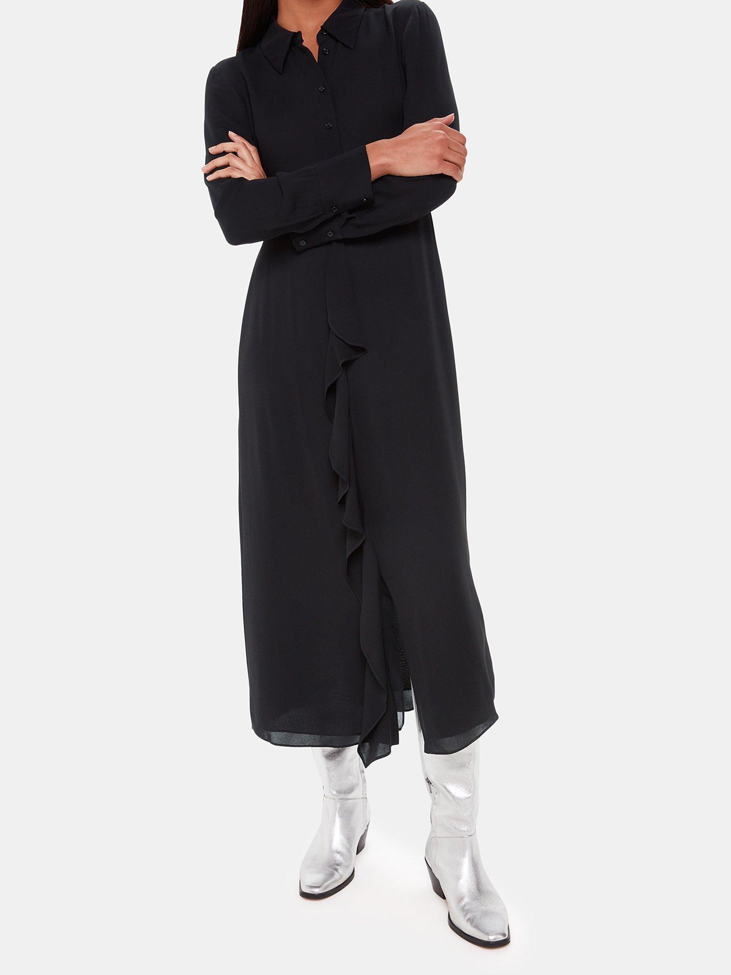 Product image 4 of 5, which shows Whistles Lea Ruffle Front Midi Shirt Dress, Black, 12