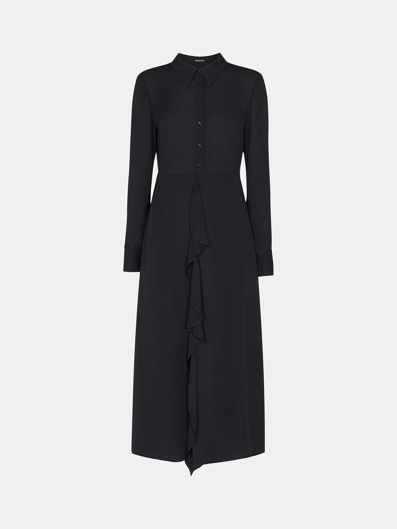 Product image 5 of 5, which shows Whistles Lea Ruffle Front Midi Shirt Dress, Black, 12