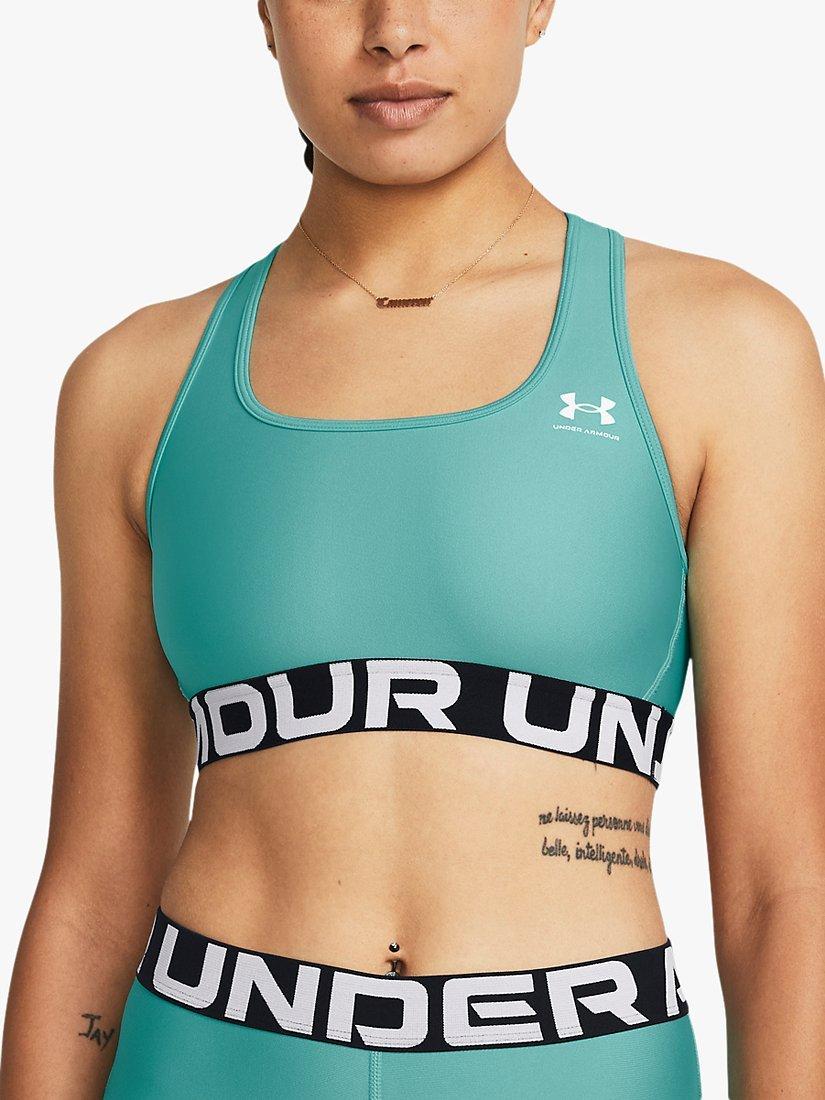 Under Armour HeatGear® Armour Mid Branded Sports Bra, Turquoise/White