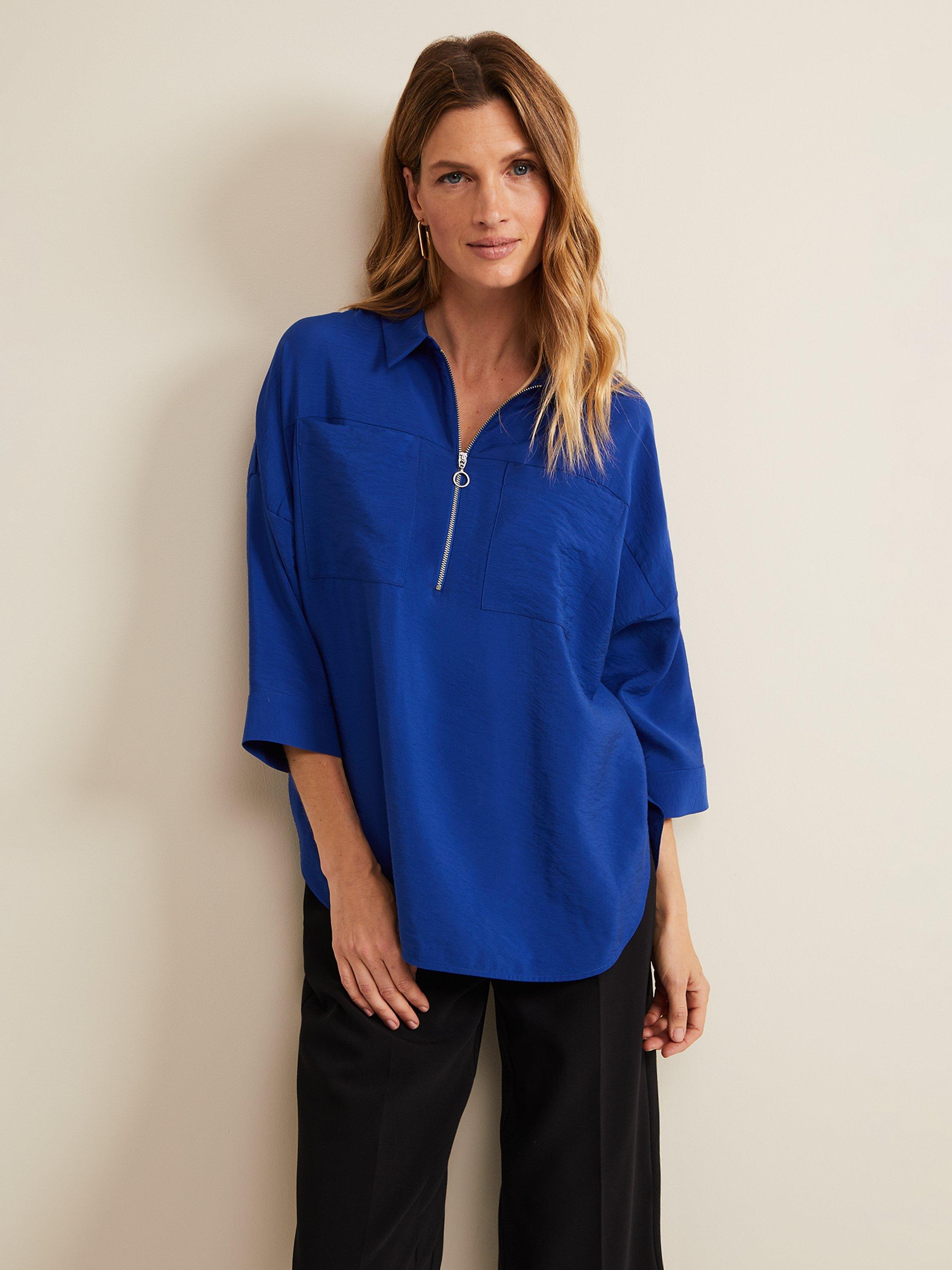 Phase Eight Cynthia Zip Neck Shirt, Cobalt