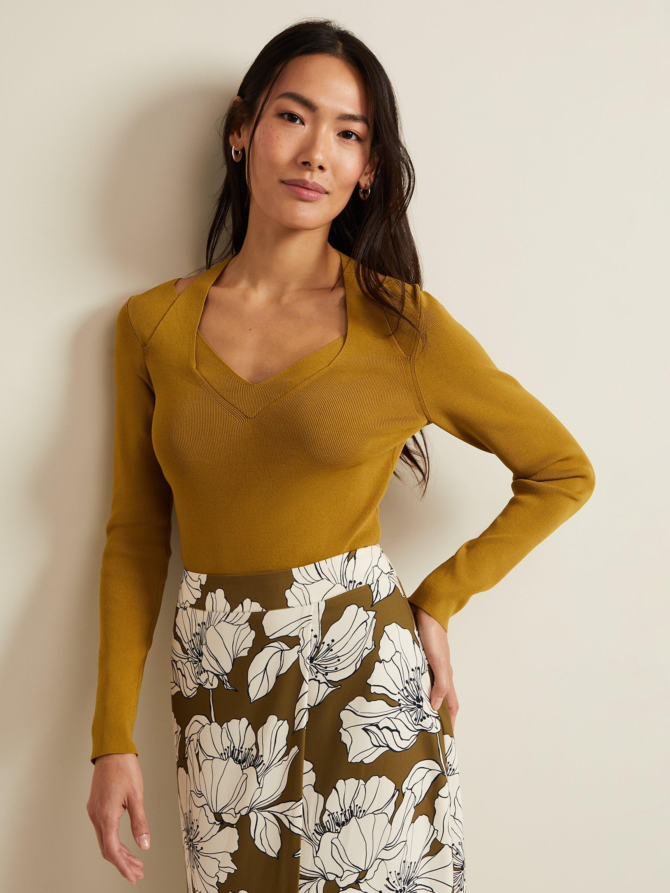 Product image 1 of 6, which shows Phase Eight Emily Rib Knit Cut-Out Detail Top, Olive, M