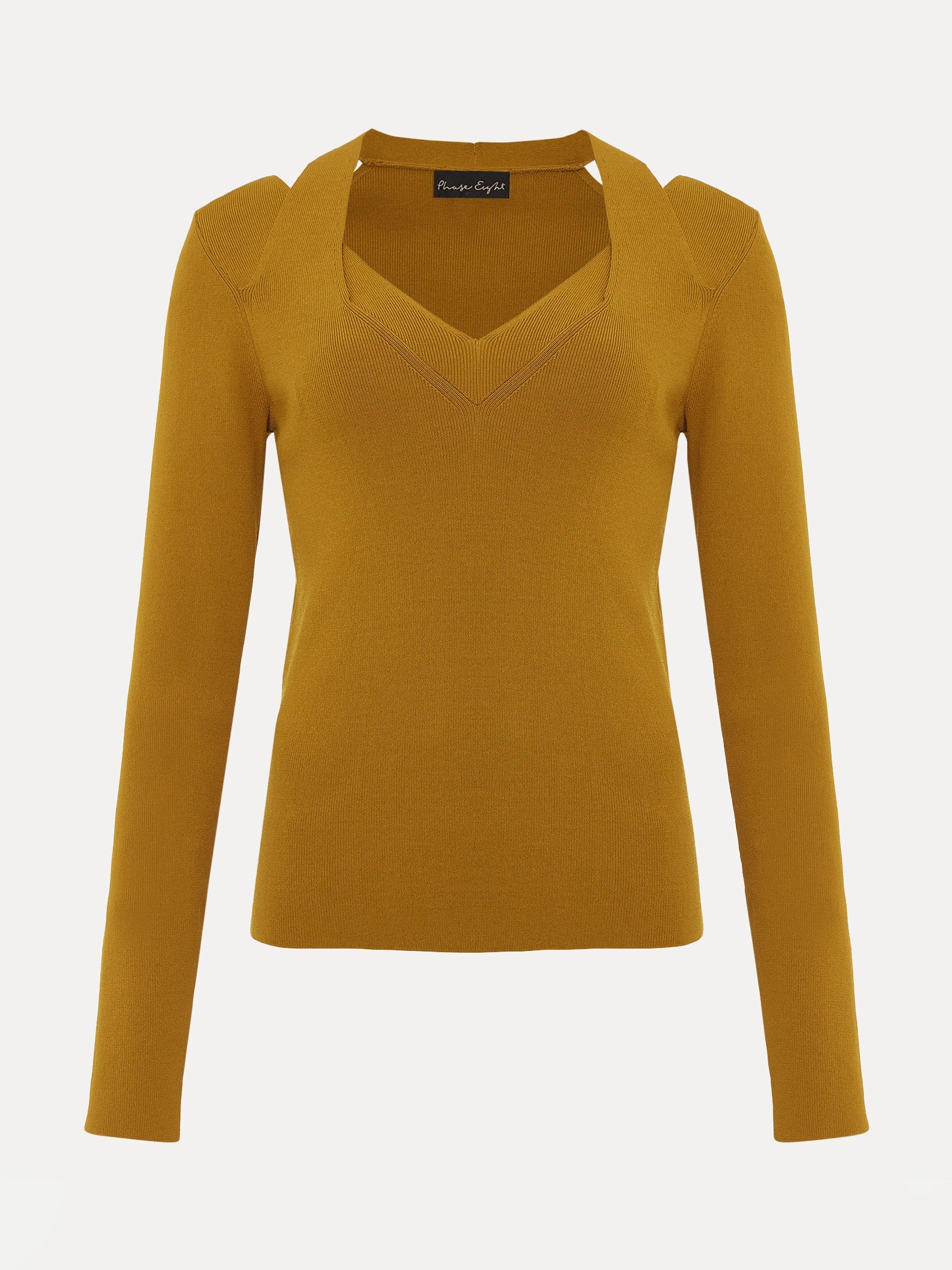 Product image 6 of 6, which shows Phase Eight Emily Rib Knit Cut-Out Detail Top, Olive, M