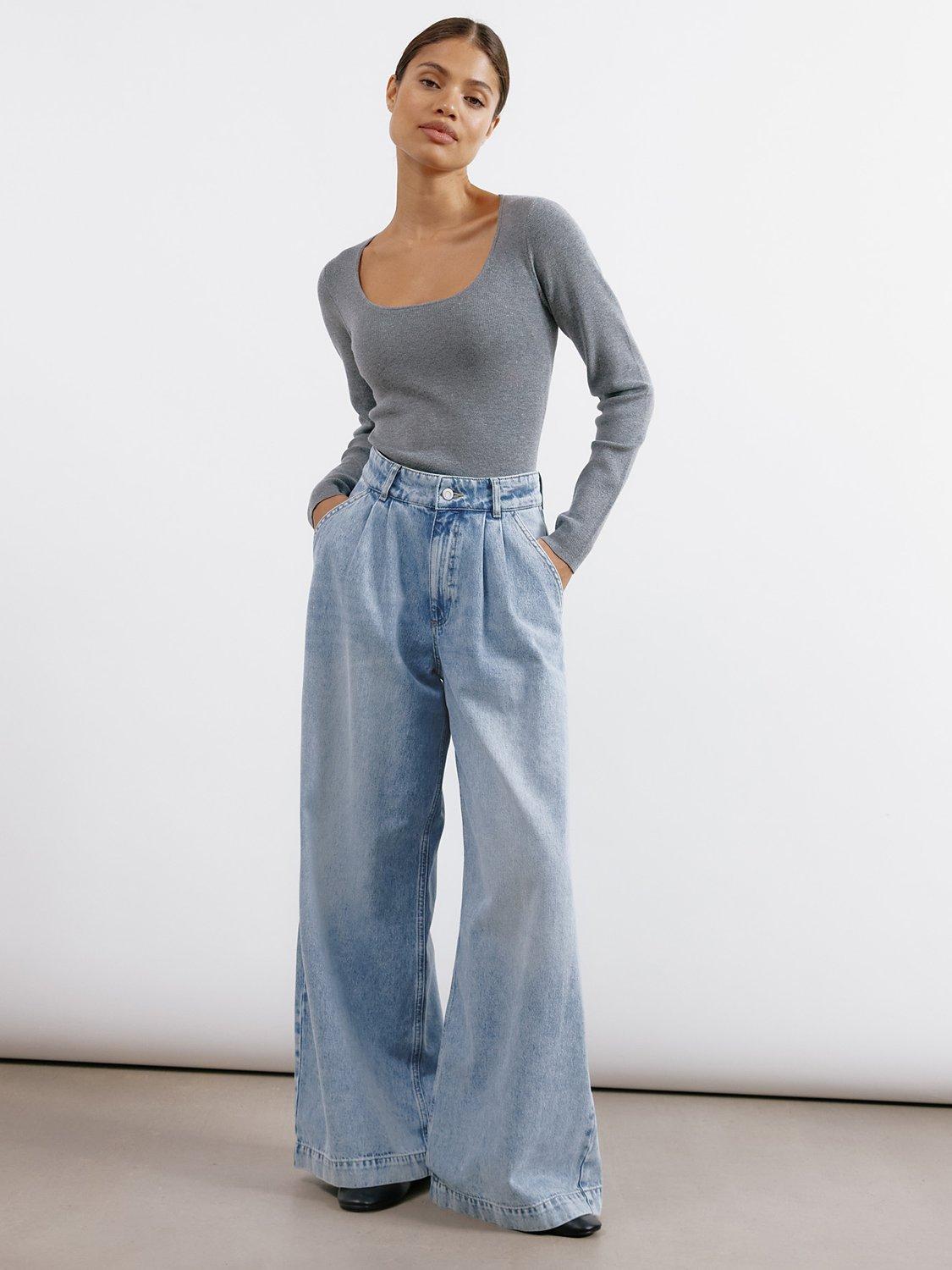 Product image 1 of 5, which shows Albaray Pleated Wide Leg Jeans, Light Blue, 16