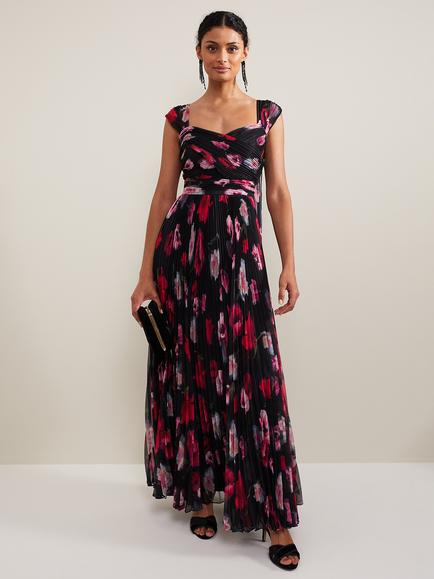 Phase Eight Collection 8 Gretal Pleated Floral Maxi Dress, Black/Multi, Black/Multi