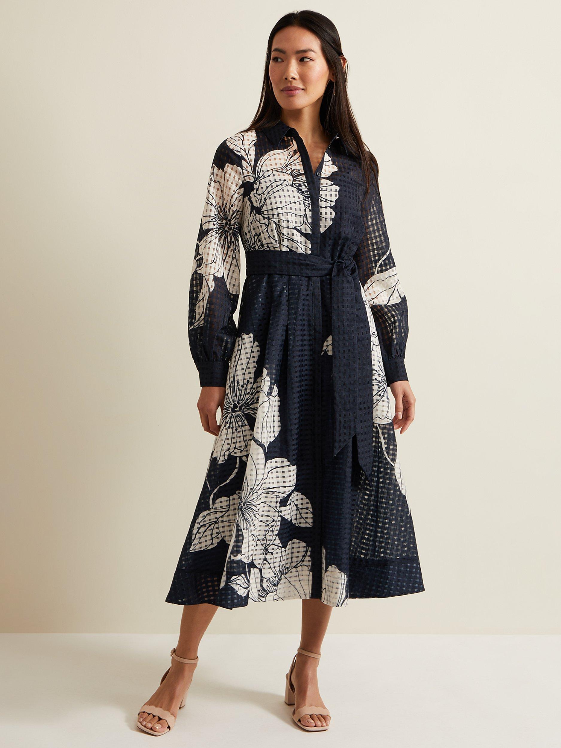 Product image 1 of 8, which shows Phase Eight Natalie Floral Midi Dress, Navy/Ivory, 12