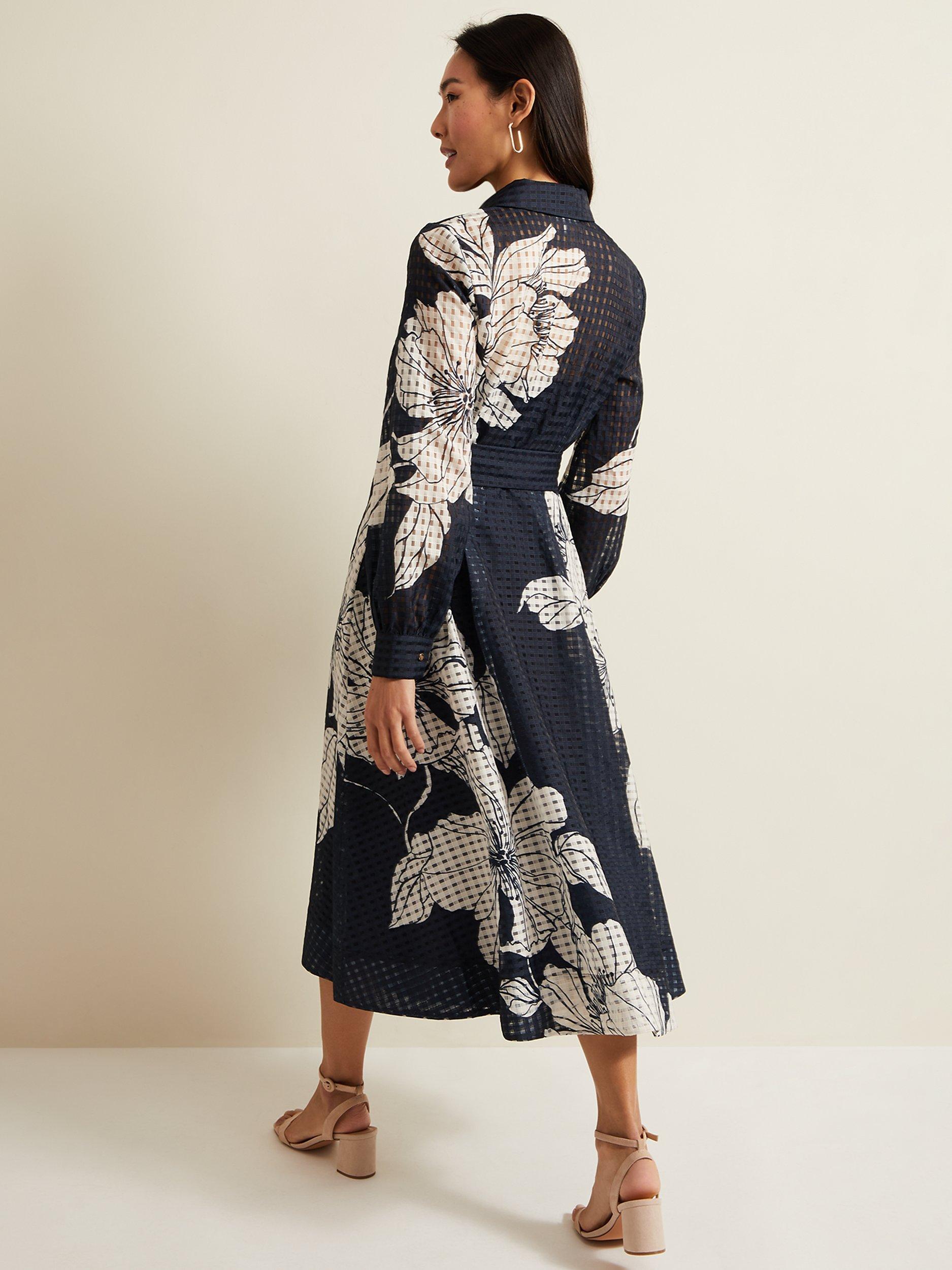 Product image 2 of 8, which shows Phase Eight Natalie Floral Midi Dress, Navy/Ivory, 12