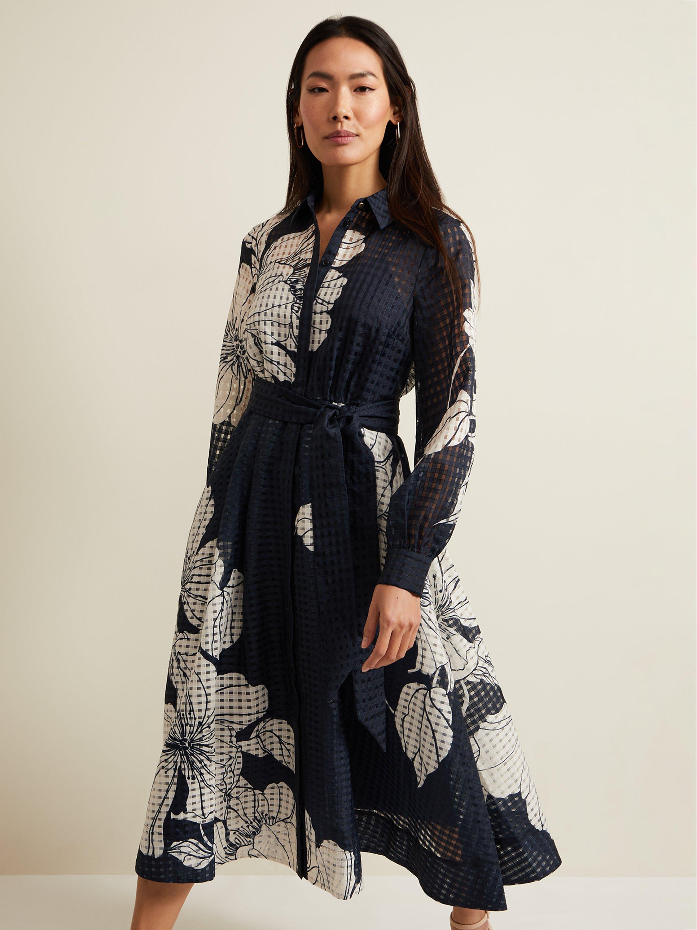 Product image 3 of 8, which shows Phase Eight Natalie Floral Midi Dress, Navy/Ivory, 12