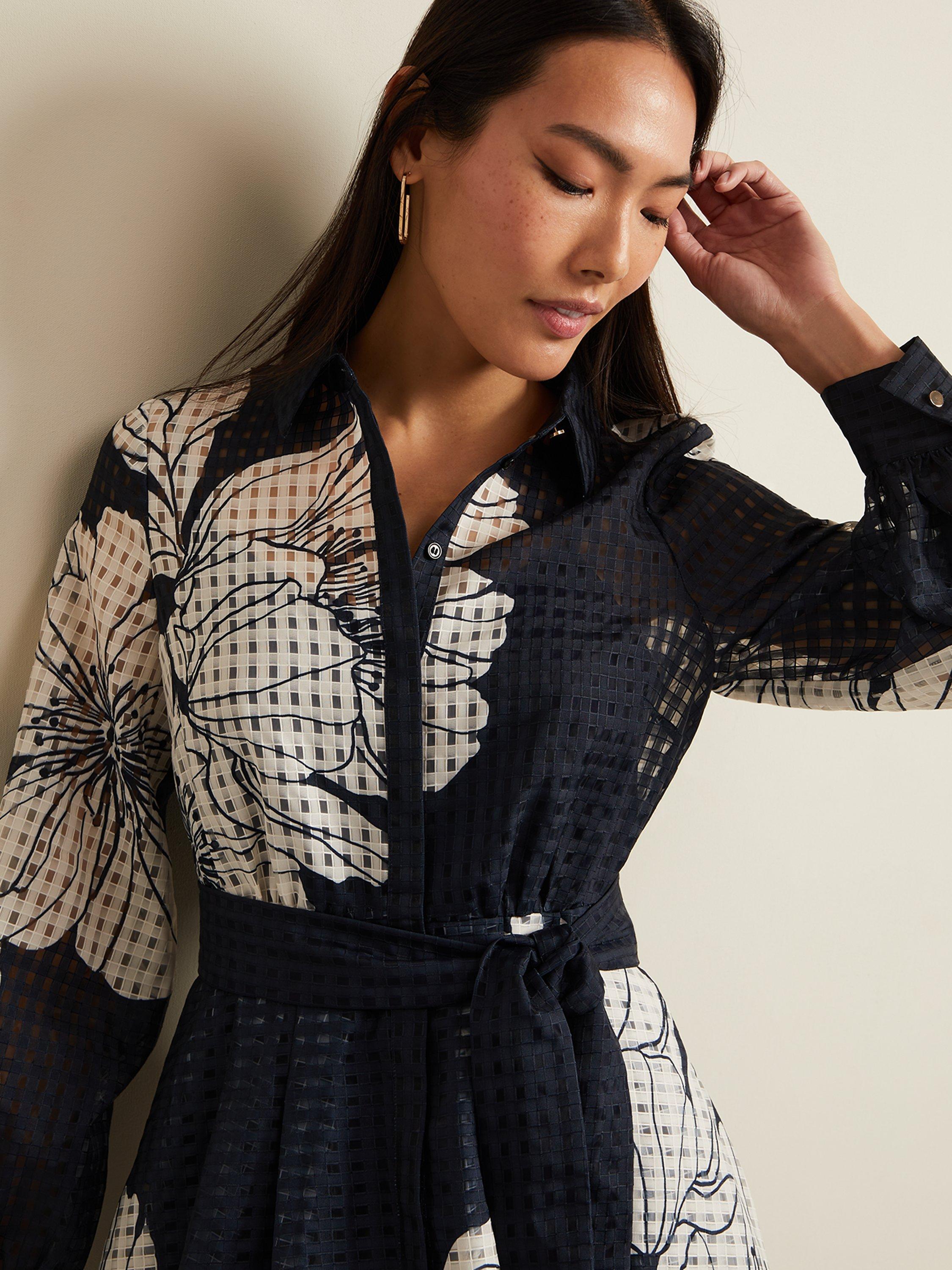 Product image 4 of 8, which shows Phase Eight Natalie Floral Midi Dress, Navy/Ivory, 12