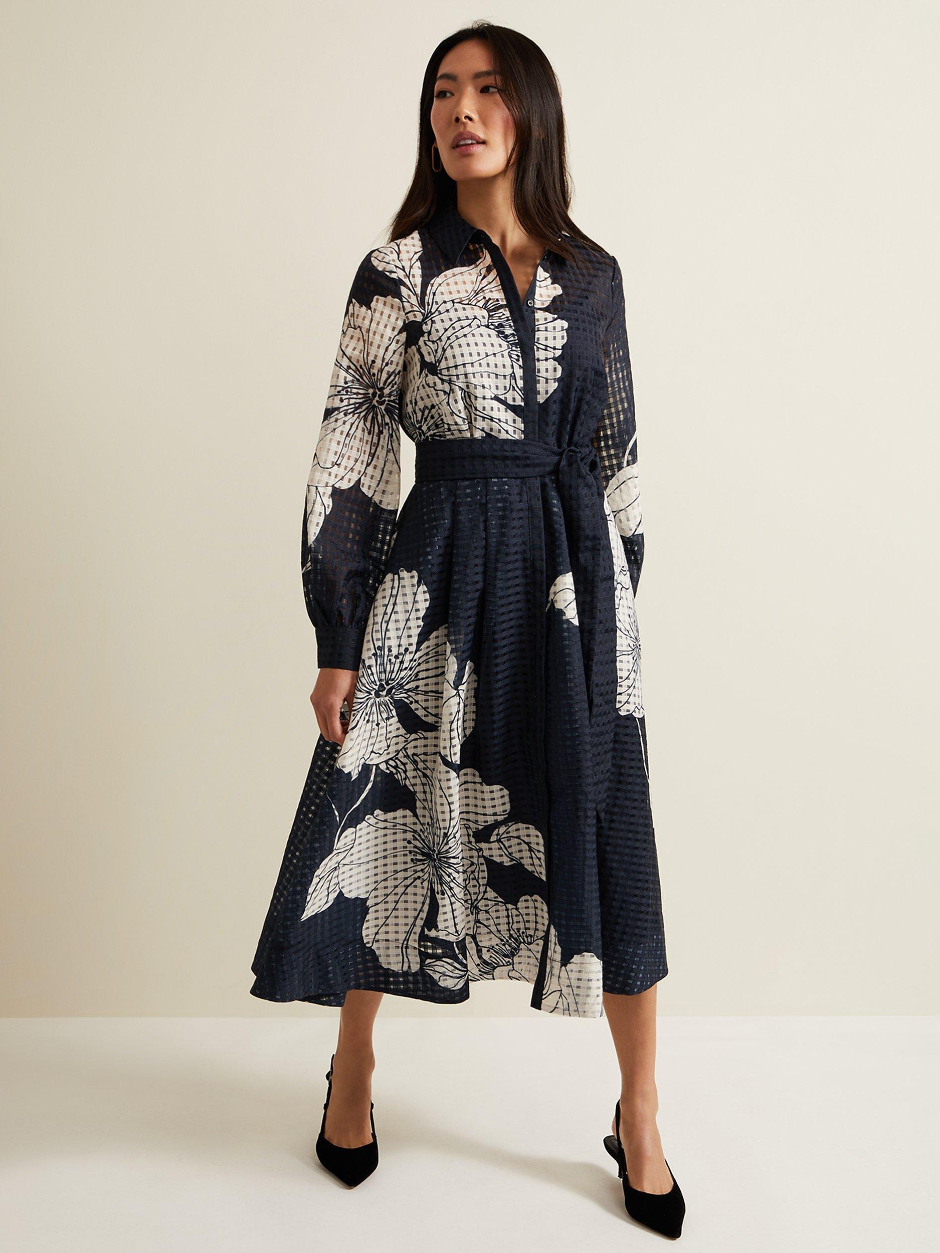 Product image 8 of 8, which shows Phase Eight Natalie Floral Midi Dress, Navy/Ivory, 12