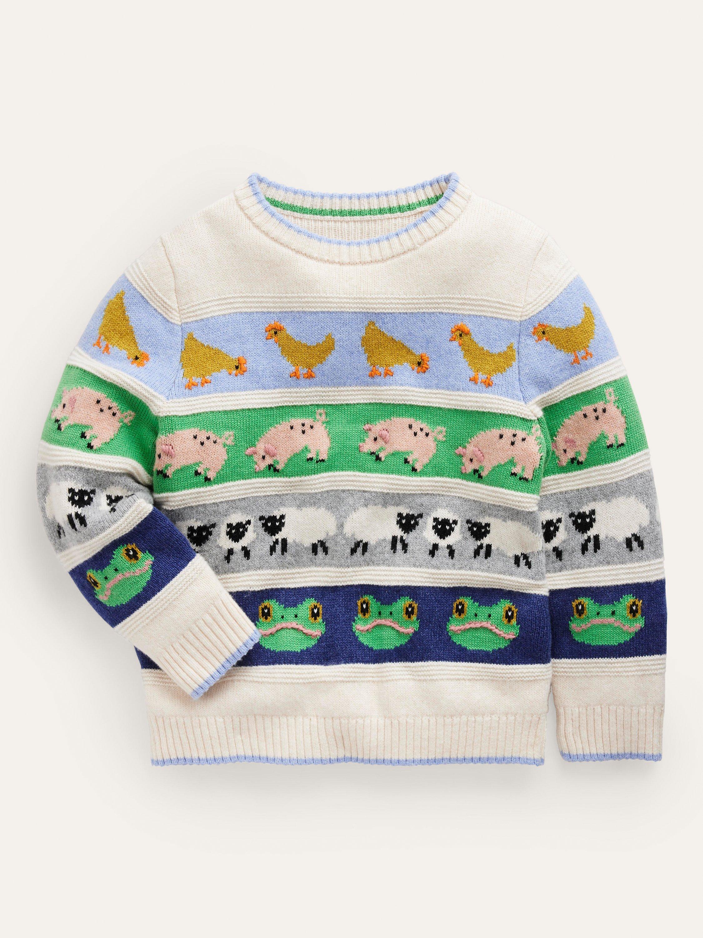 Mini Boden Kids' All Over Fair Isle Animals Jumper, Easter Farm Animals