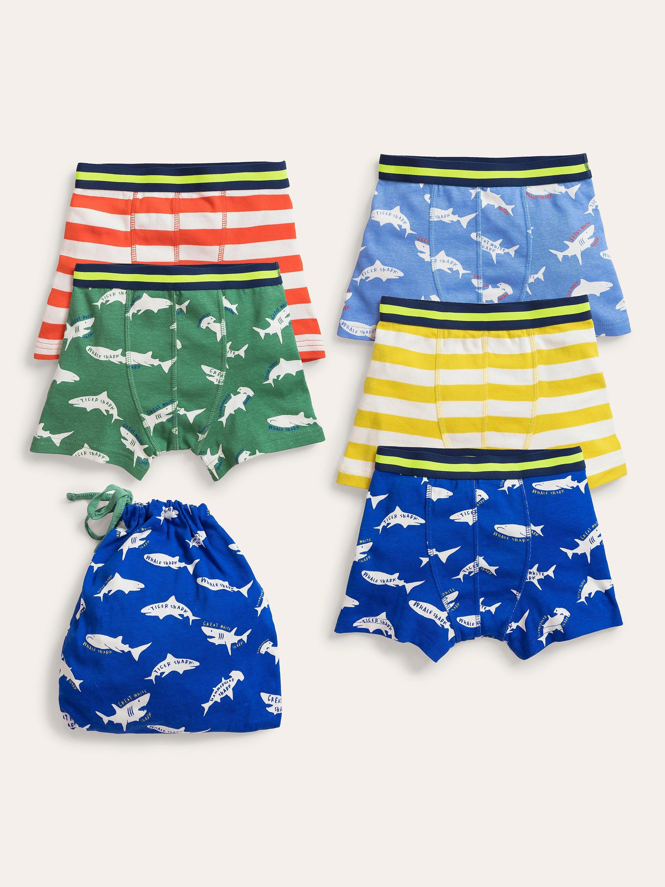 Mini Boden Kids' Shark and Stripe Boxers, Pack of 5, Multi