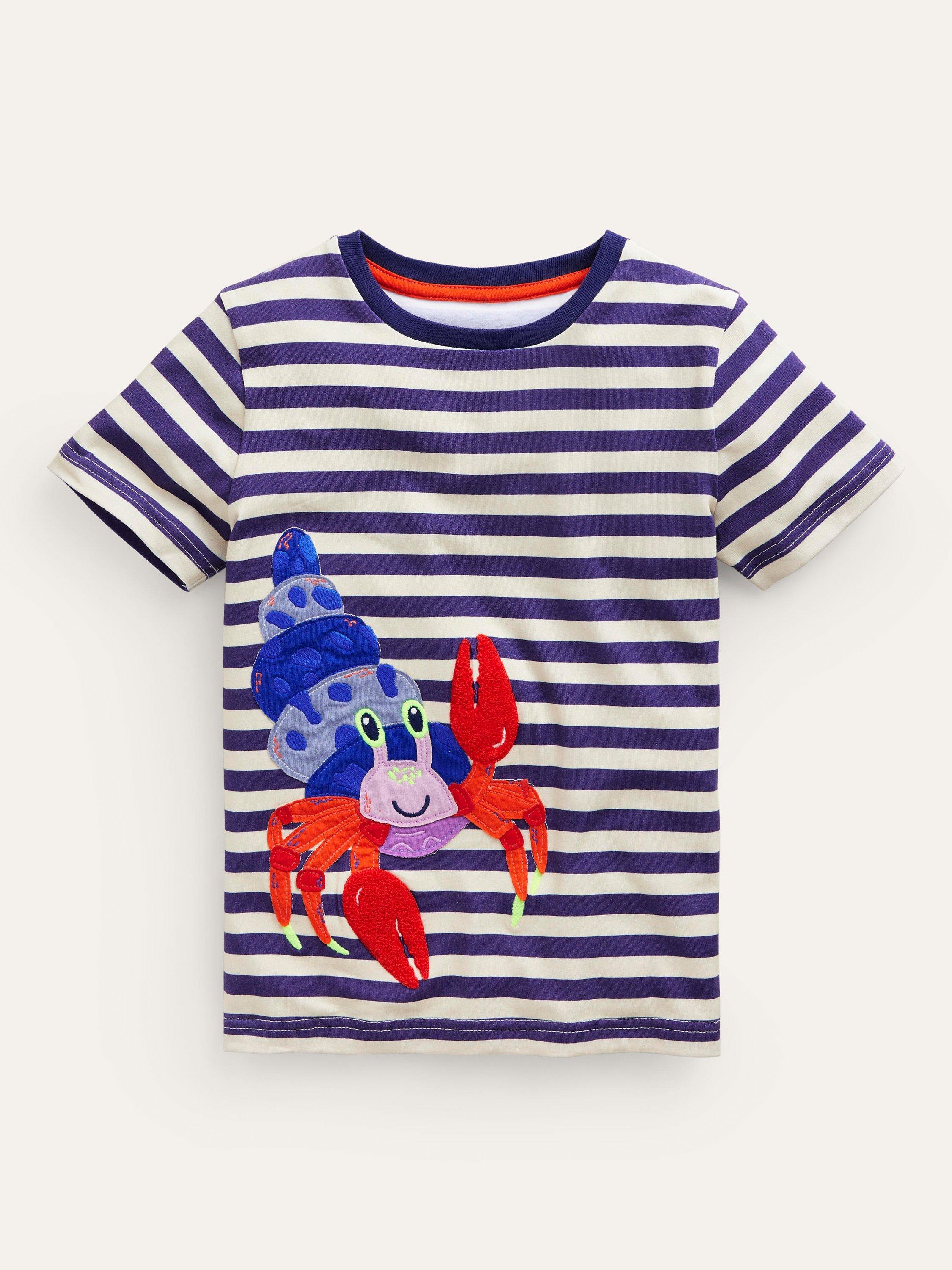 Mini Boden Kids' Applique Crab Stripe T-Shirt, Sapphire/Ivory