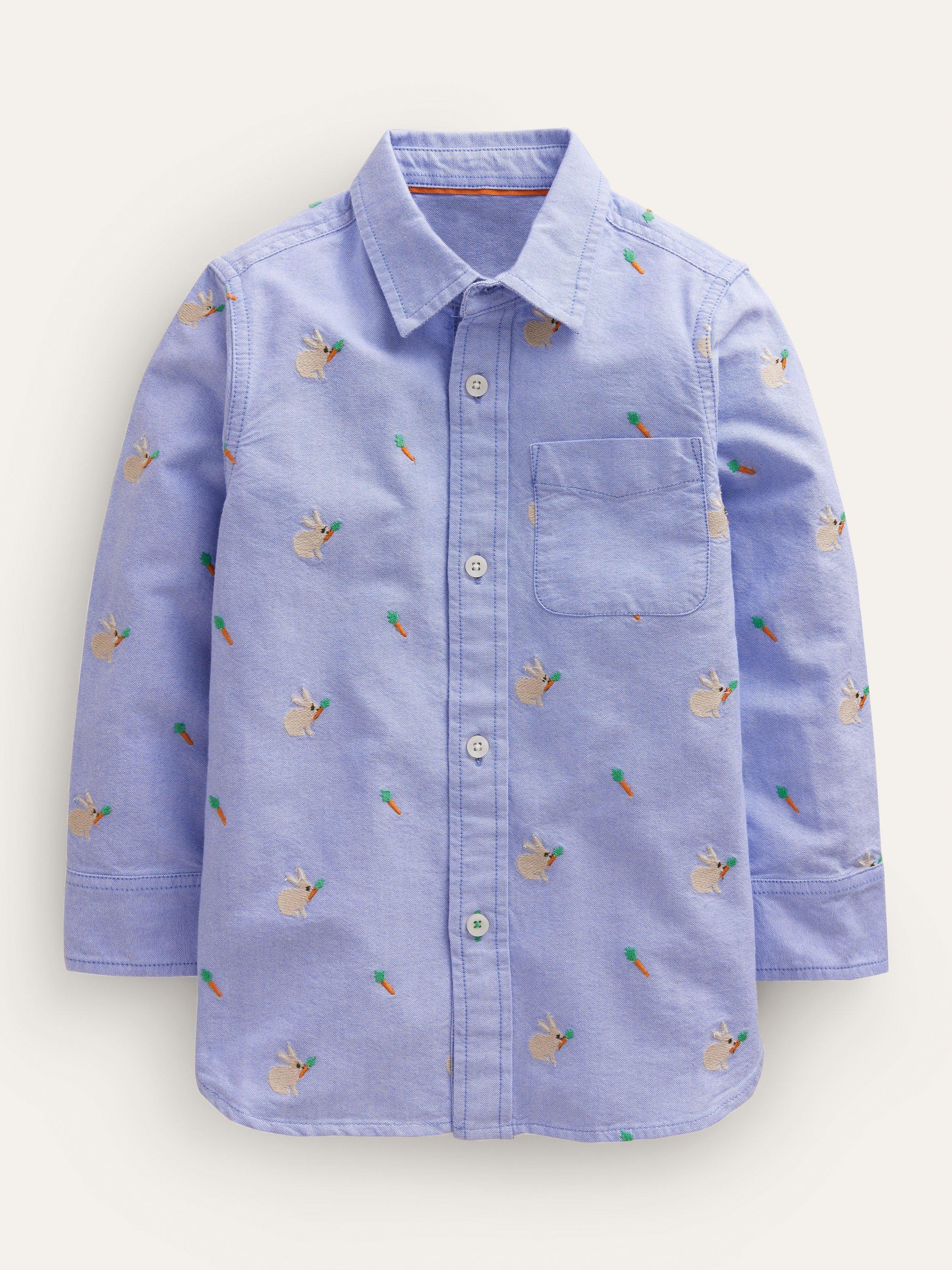 Mini Boden Kids' Embroidered Bunny Oxford Shirt, Blue