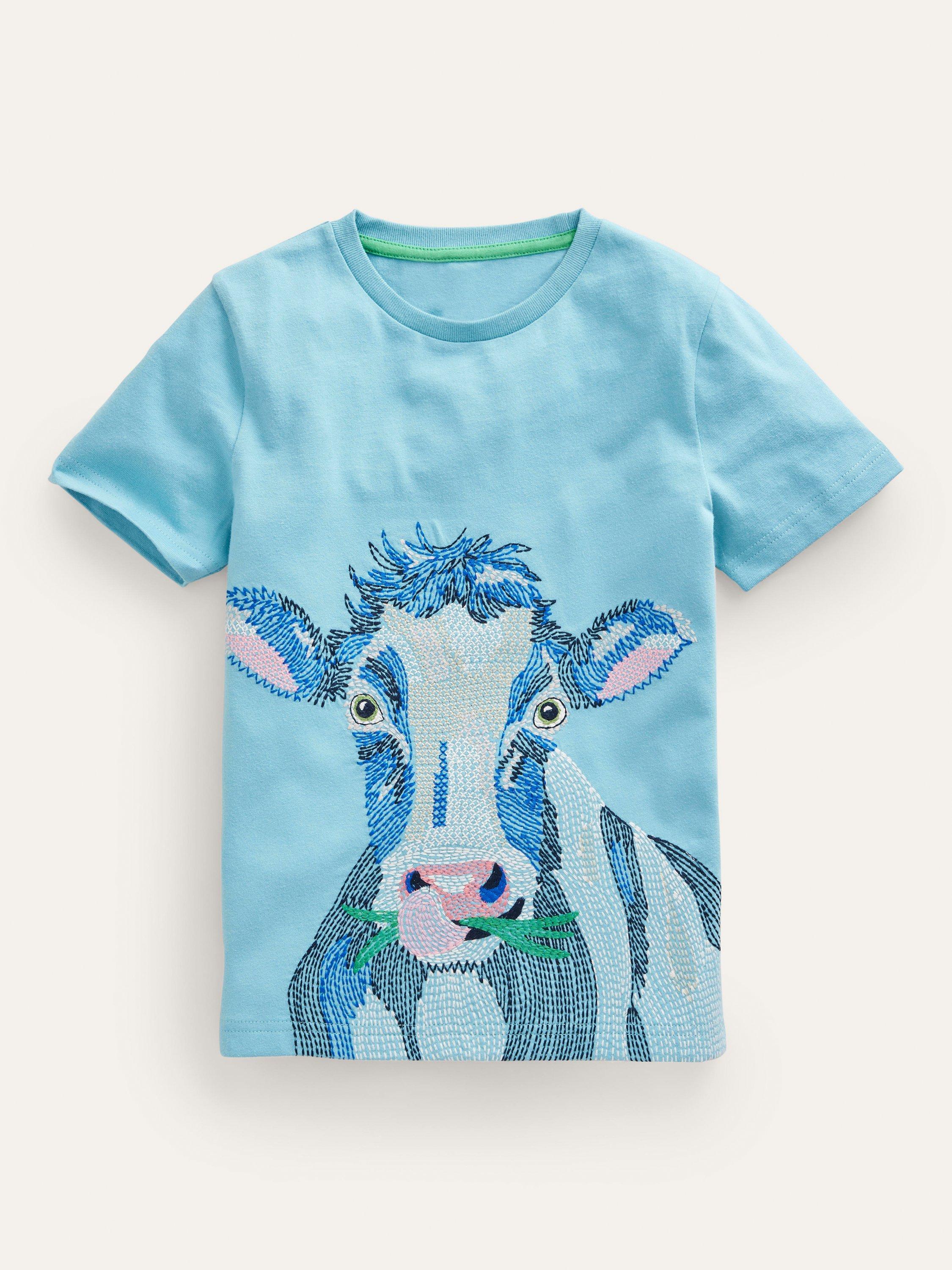 Mini Boden Kids' Superstitch Cow T-Shirt, Dephinium Blue
