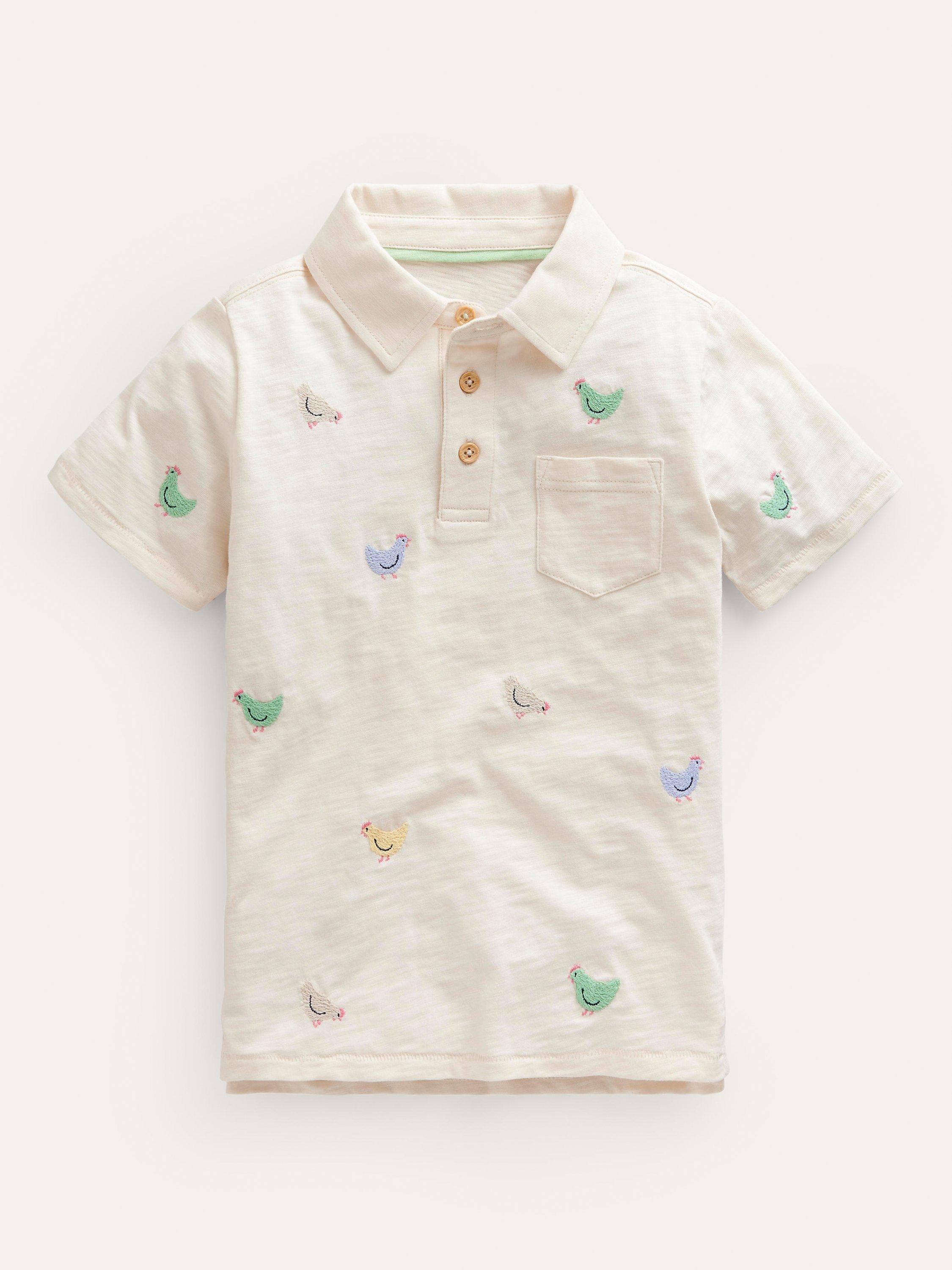 Mini Boden Kids' Chicken Embroidered Slubbed Polo Shirt, Ivory