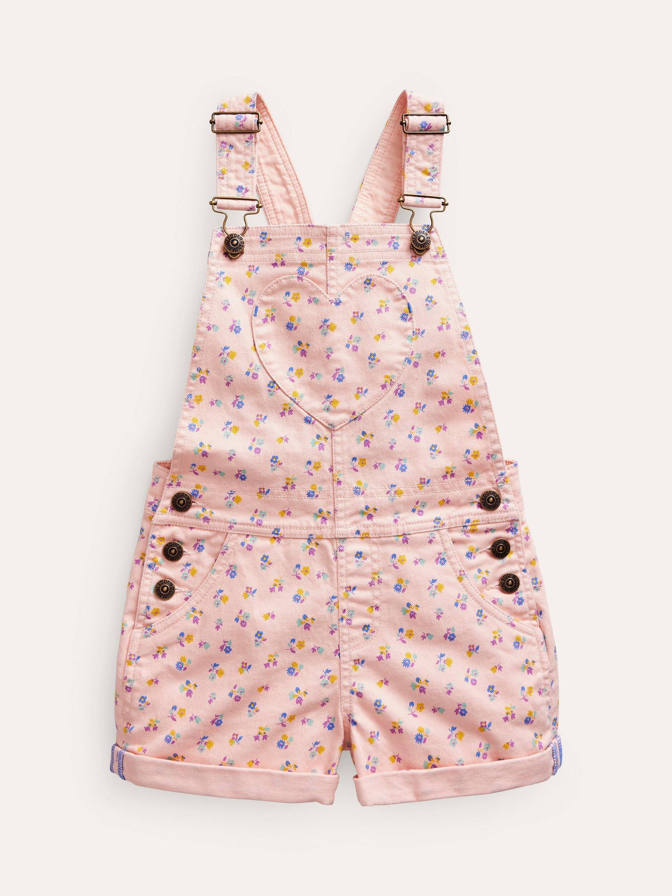 Mini Boden Kids' Heart Pocket Short Dungarees, Dusty Pink Sprig