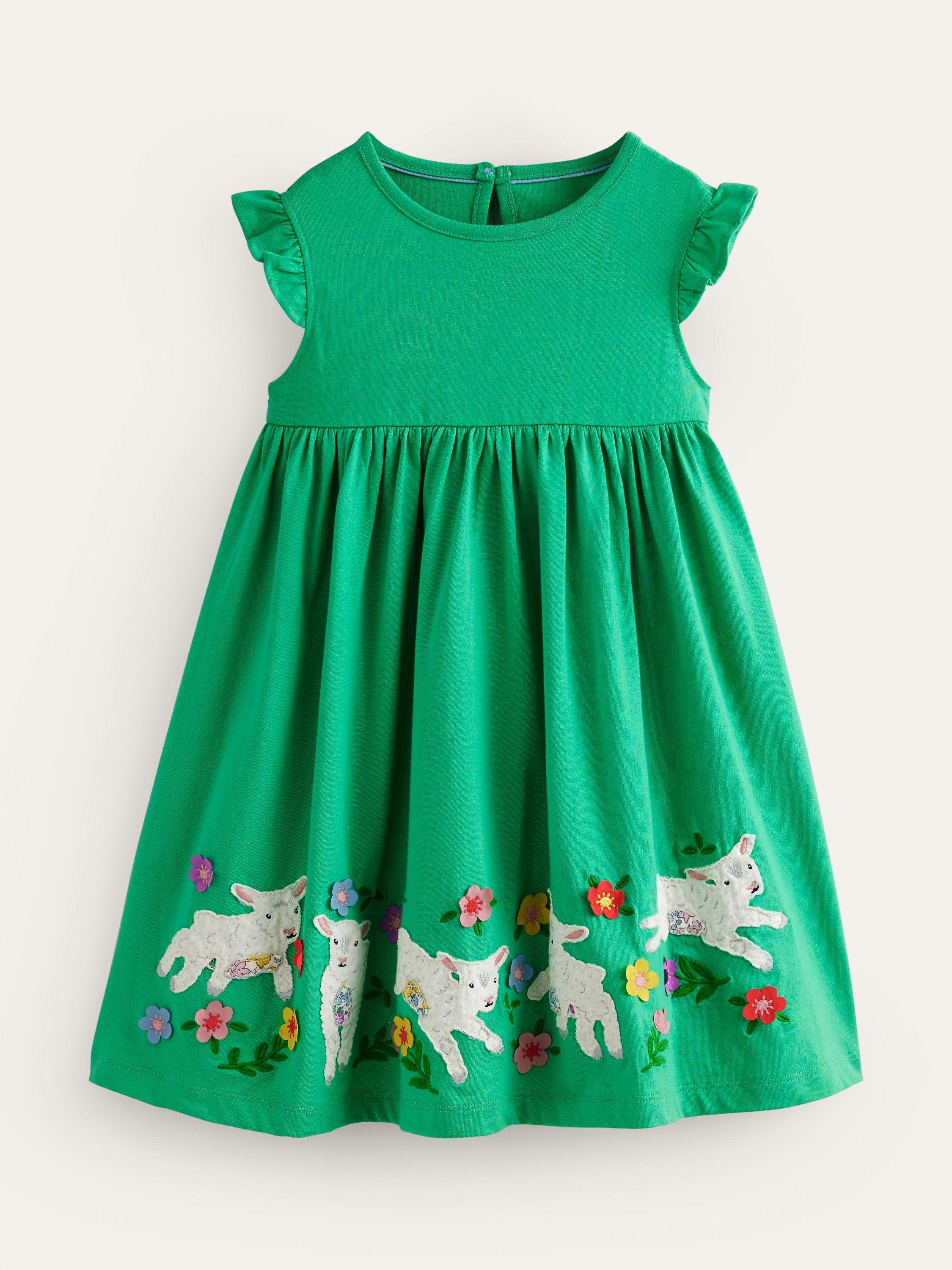 Mini Boden Kids' Sheep Applique Frill Sleeve Dress, Pea Green
