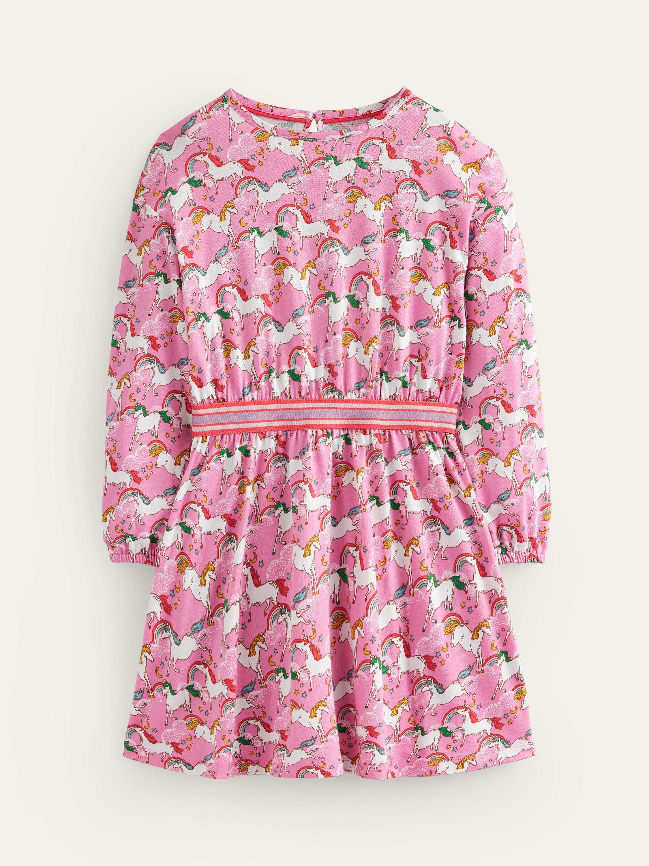 Mini Boden Kids' Unicorn Print Blouson Sleeve Dress, Ballet Pink
