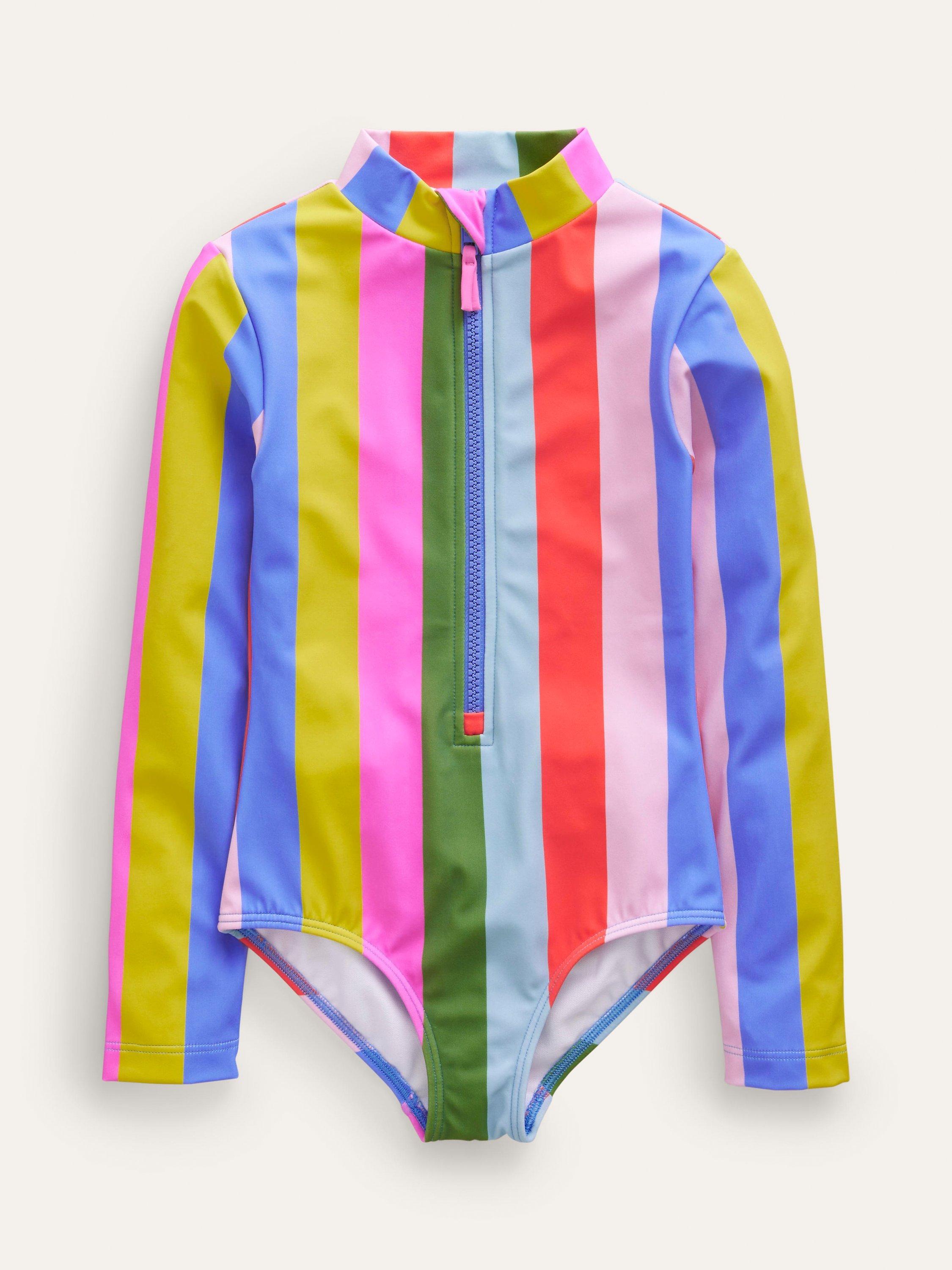 Mini Boden Kids' Rainbow Stripe Long Sleeved Swimsuit, Multi