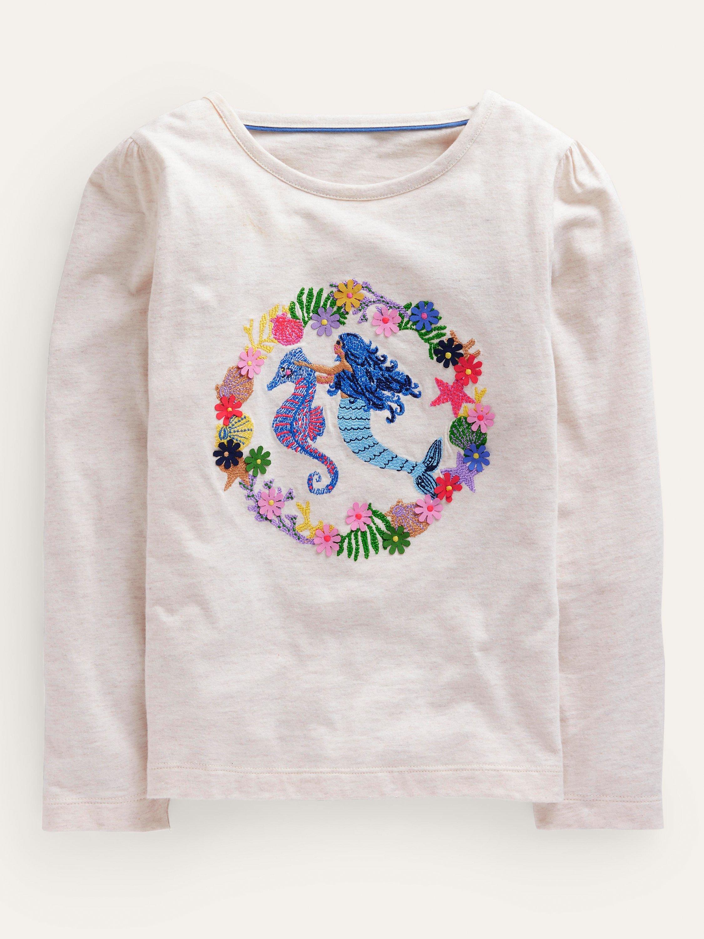 Mini Boden Kids' Mermaid Superstitch Puff Long Sleeve Top, Oatmeal Marl