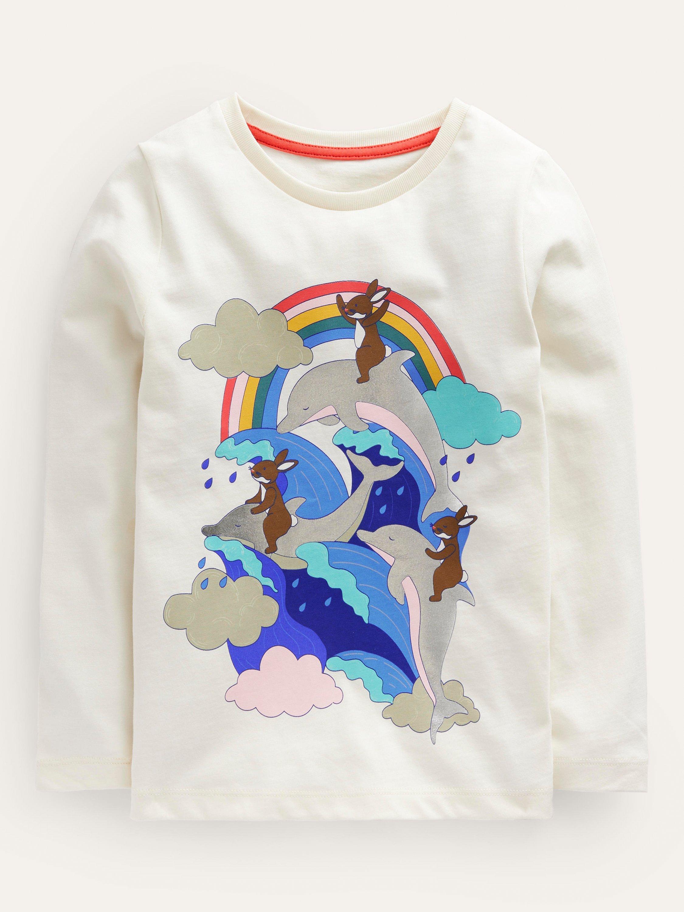 Mini Boden Kids' Metallic Dolphin Long Sleeve T-Shirt, Ivory/Multi