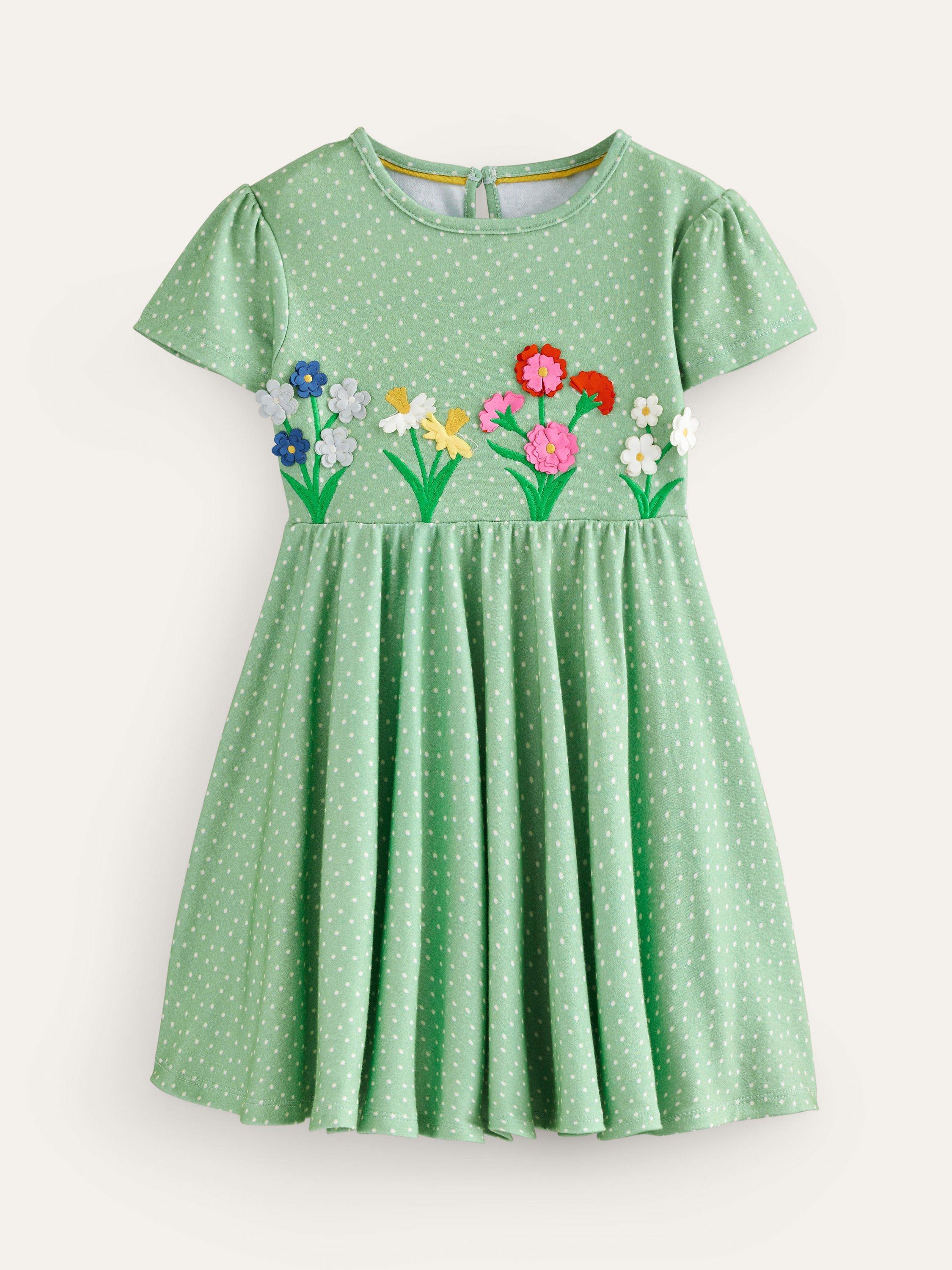 Mini Boden Kids' Flutter Floral Twirly Dress, Pistachio Green