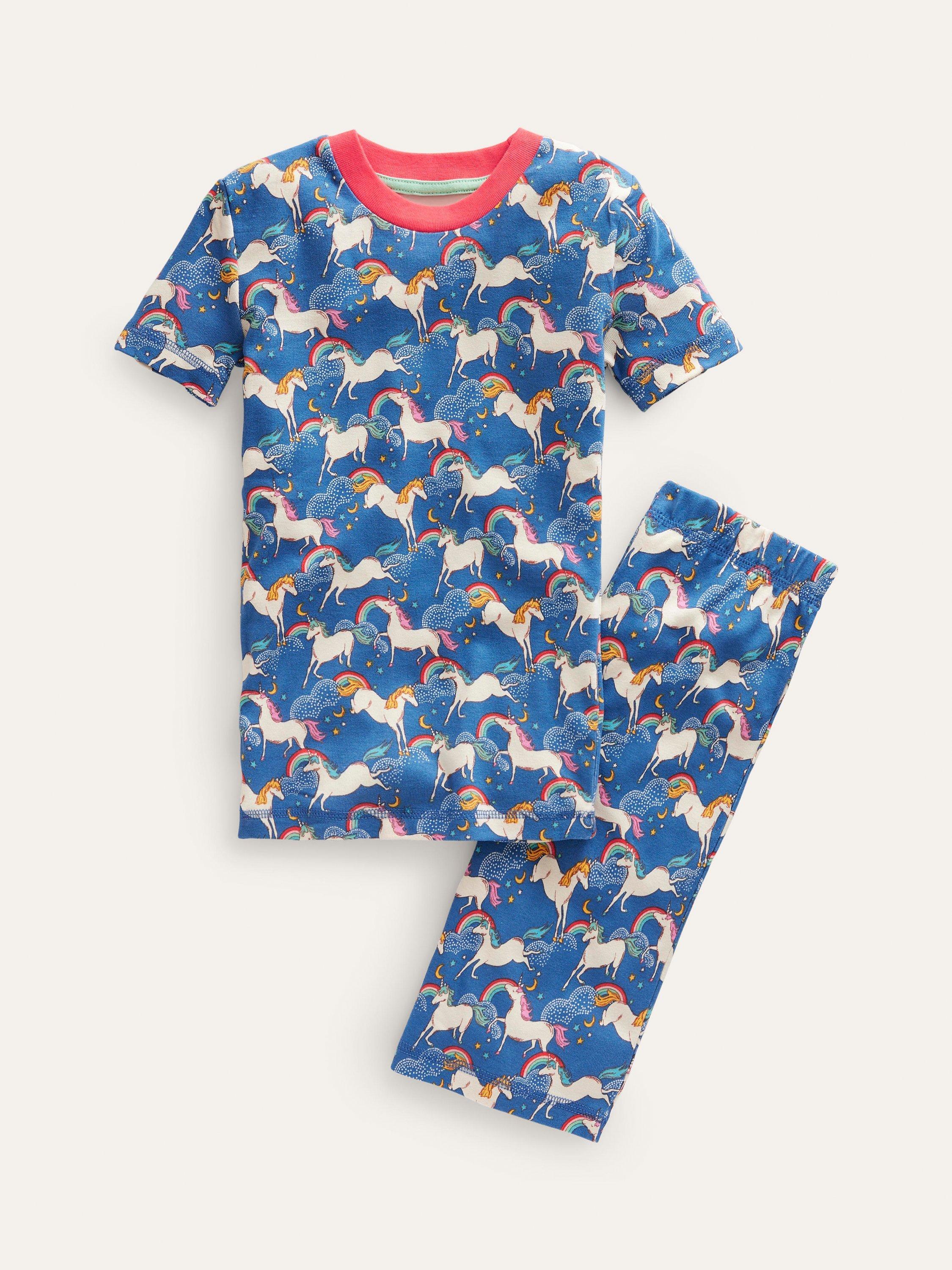Mini Boden Kids' Unicorn Print Snug Short John Pyjamas, Blue Rainbow