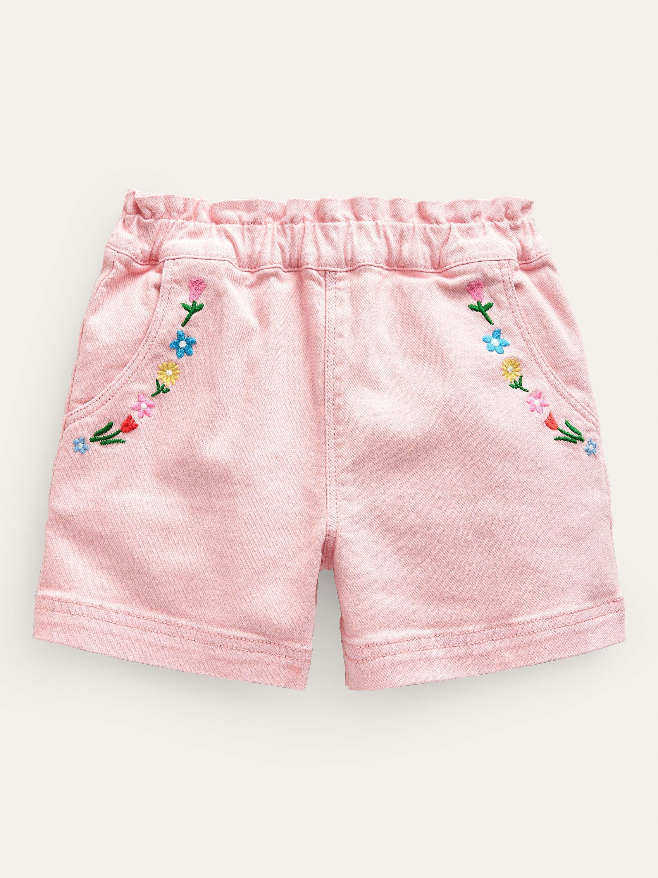Mini Boden Kids' Floral Embroidered Paperbag Pull On Shorts, Ballet Pink