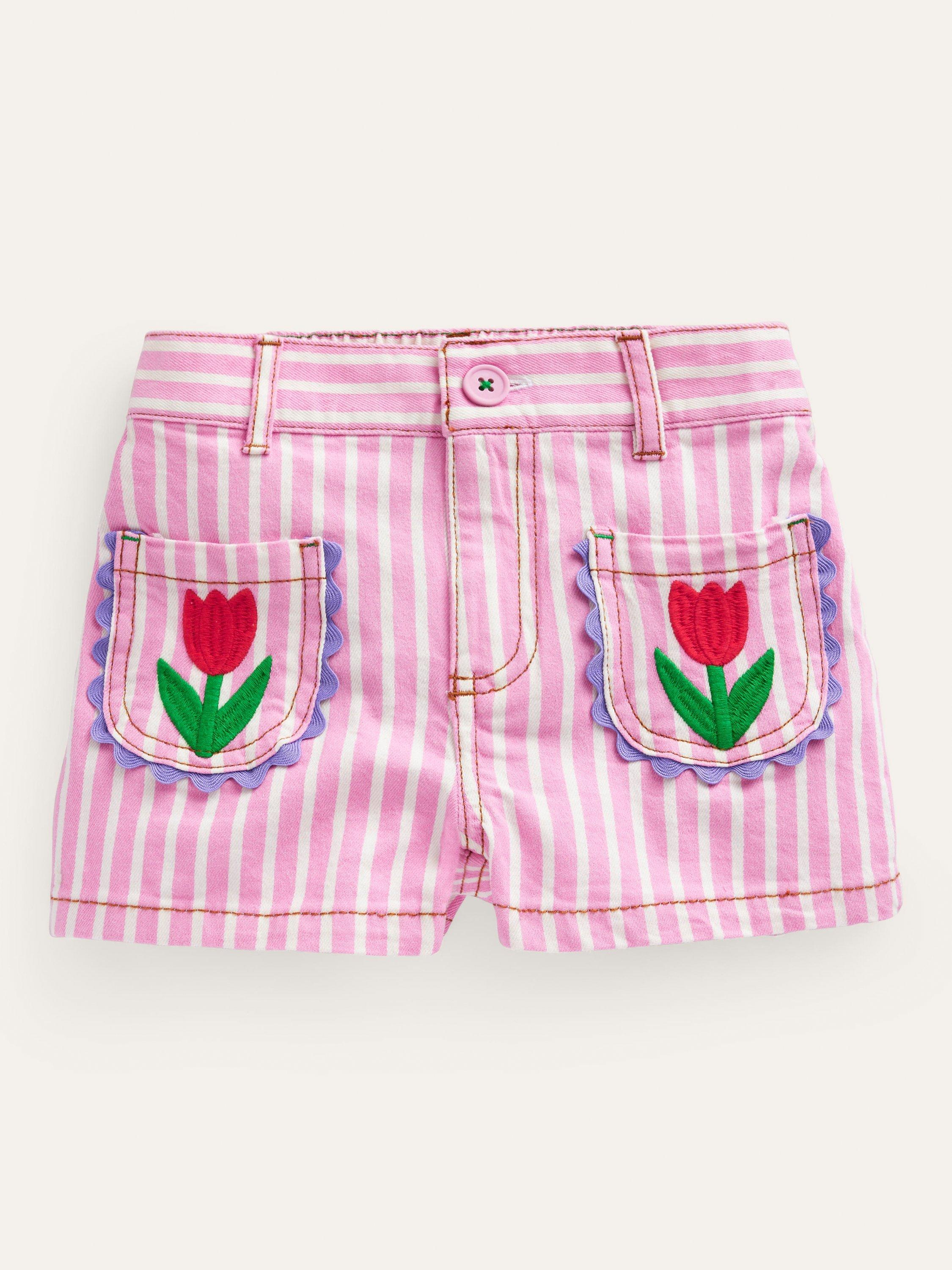 Mini Boden Girl's Tulip Patch Pocket Shorts, Pink/Ivory
