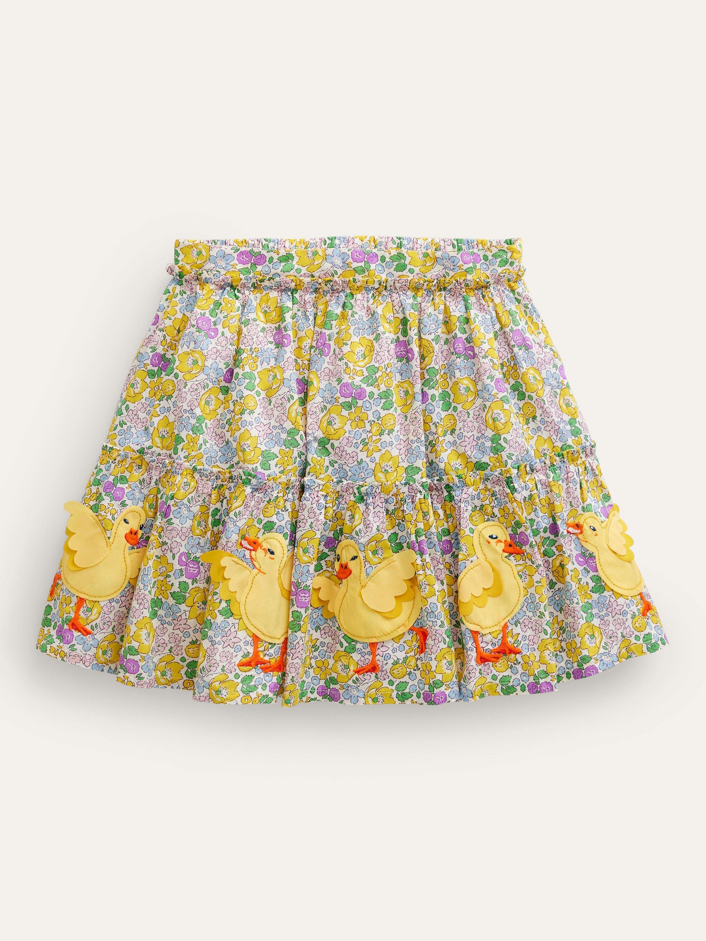 Mini Boden Kids' Floral Print Chick Applique Skirt, Yellow Bloom