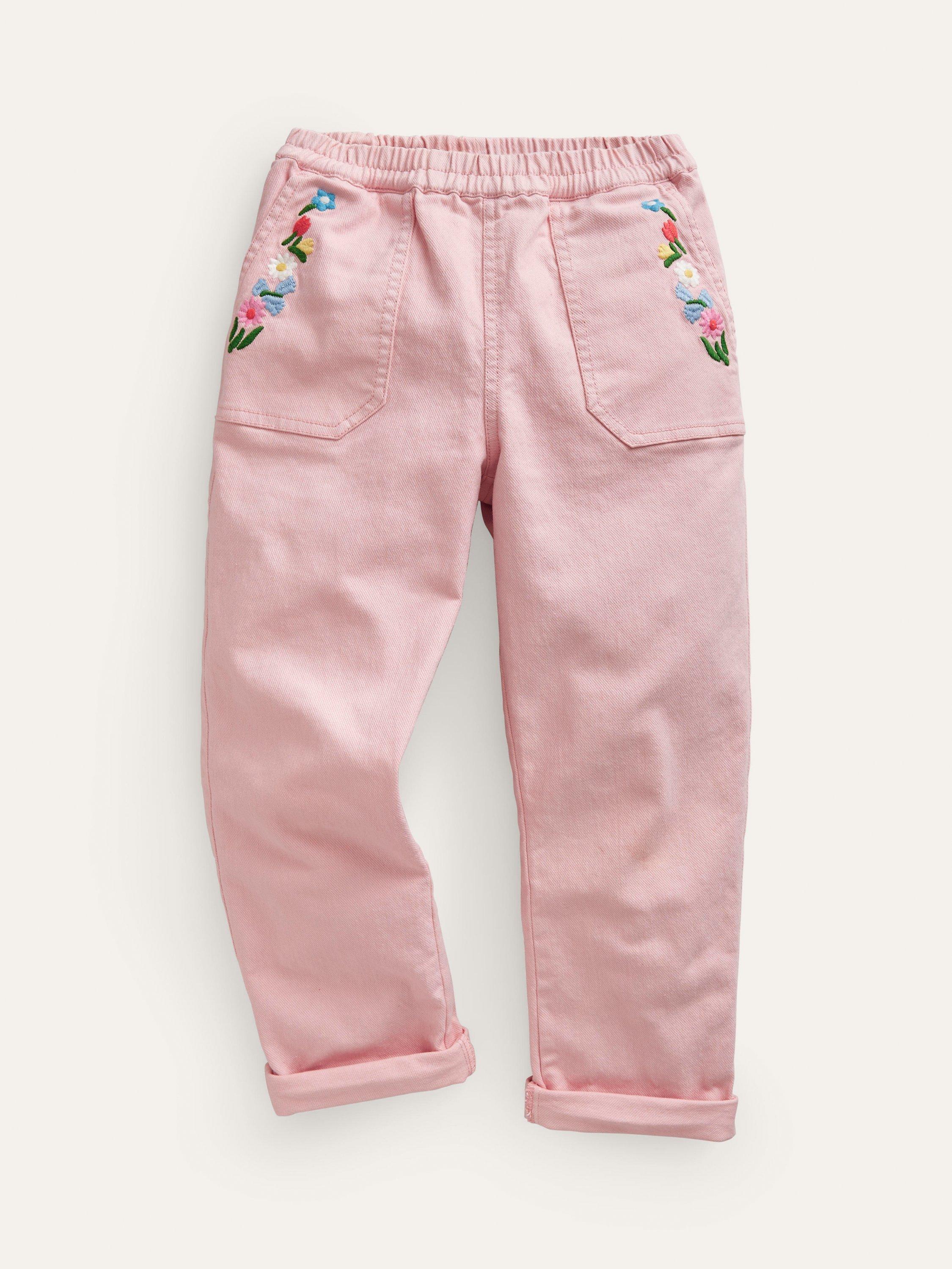 Mini Boden Kids' Floral Embroidered Pull On Trousers, Dusty Pink