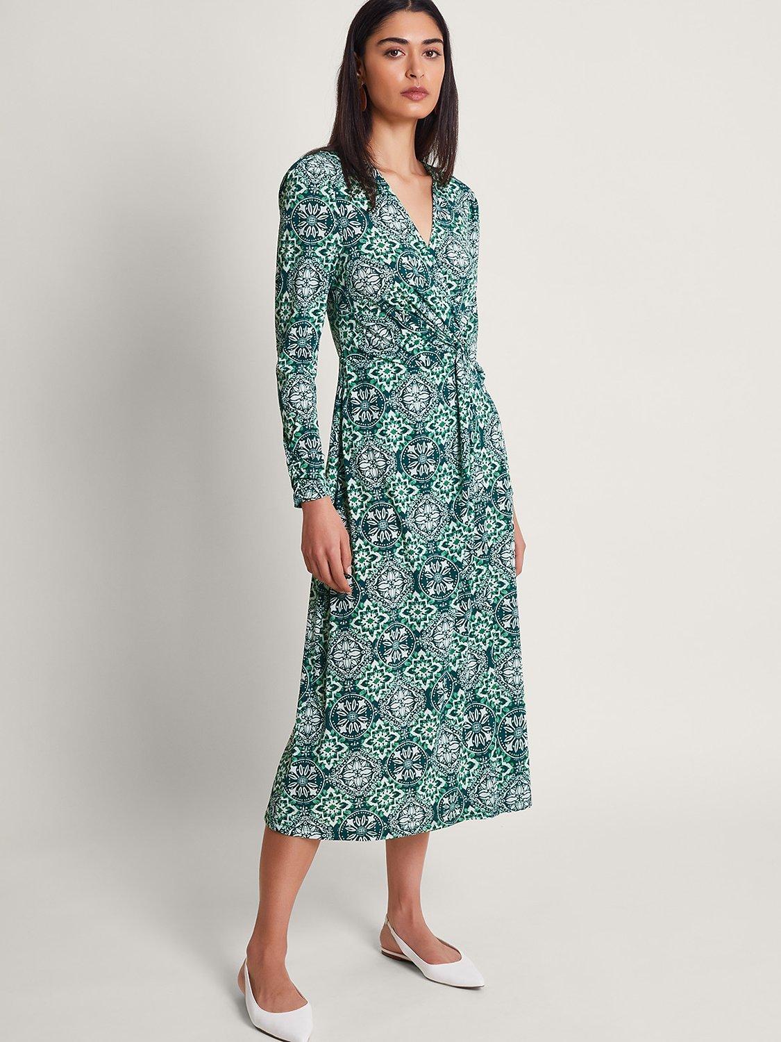 Monsoon Kit Geometric Wrap Midi Dress, Green/Multi