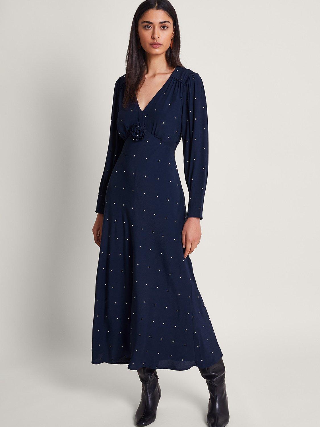 Monsoon Stella Corsage Detail Polka Dot Midi Dress, Navy/White