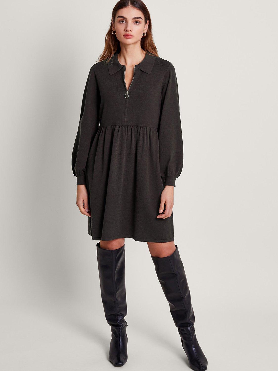 Monsoon Zelda Zip Neck Dress, Charcoal