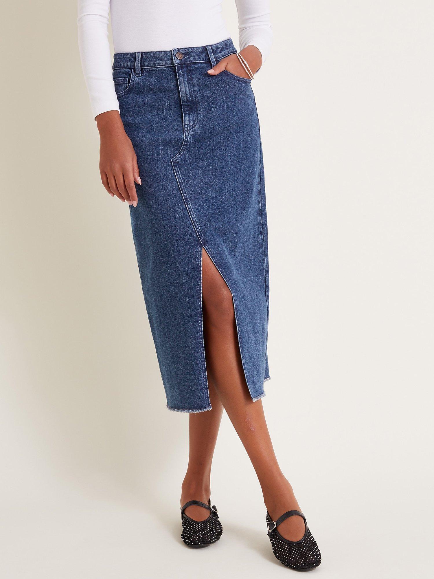 Monsoon Sasha Split Front Denim Midi Skirt, Denim Blue