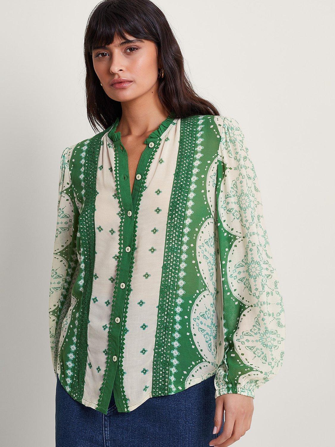 Monsoon Tamsyn Abstract Print Balloon Sleeve Blouse, Green/Cream