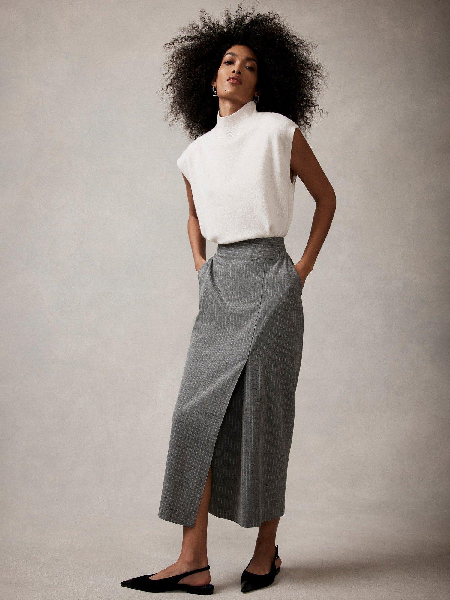 Mint Velvet Pinstripe Wrap Detail Maxi Skirt, Light Grey