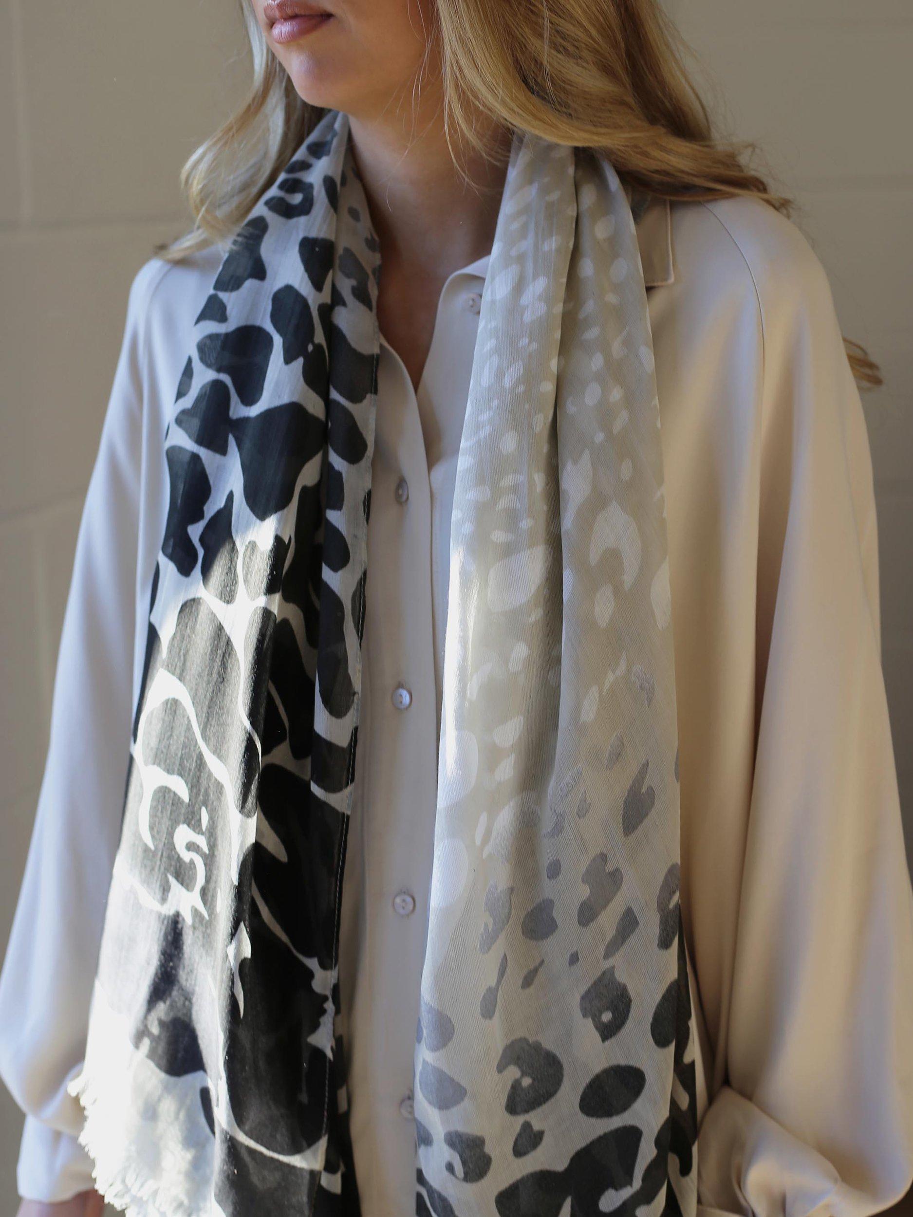 Product image 2 of 3, which shows Tutti & Co Watercolour Animal Print Scarf, Stone/Black
